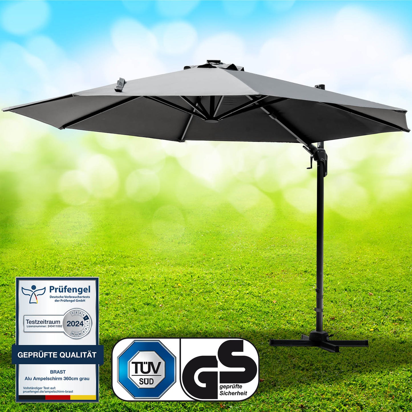 Grauer runder Alu Ampelschirm 360cm als Sonnenschirm Terrasse und Gartenschirm für Balkon.