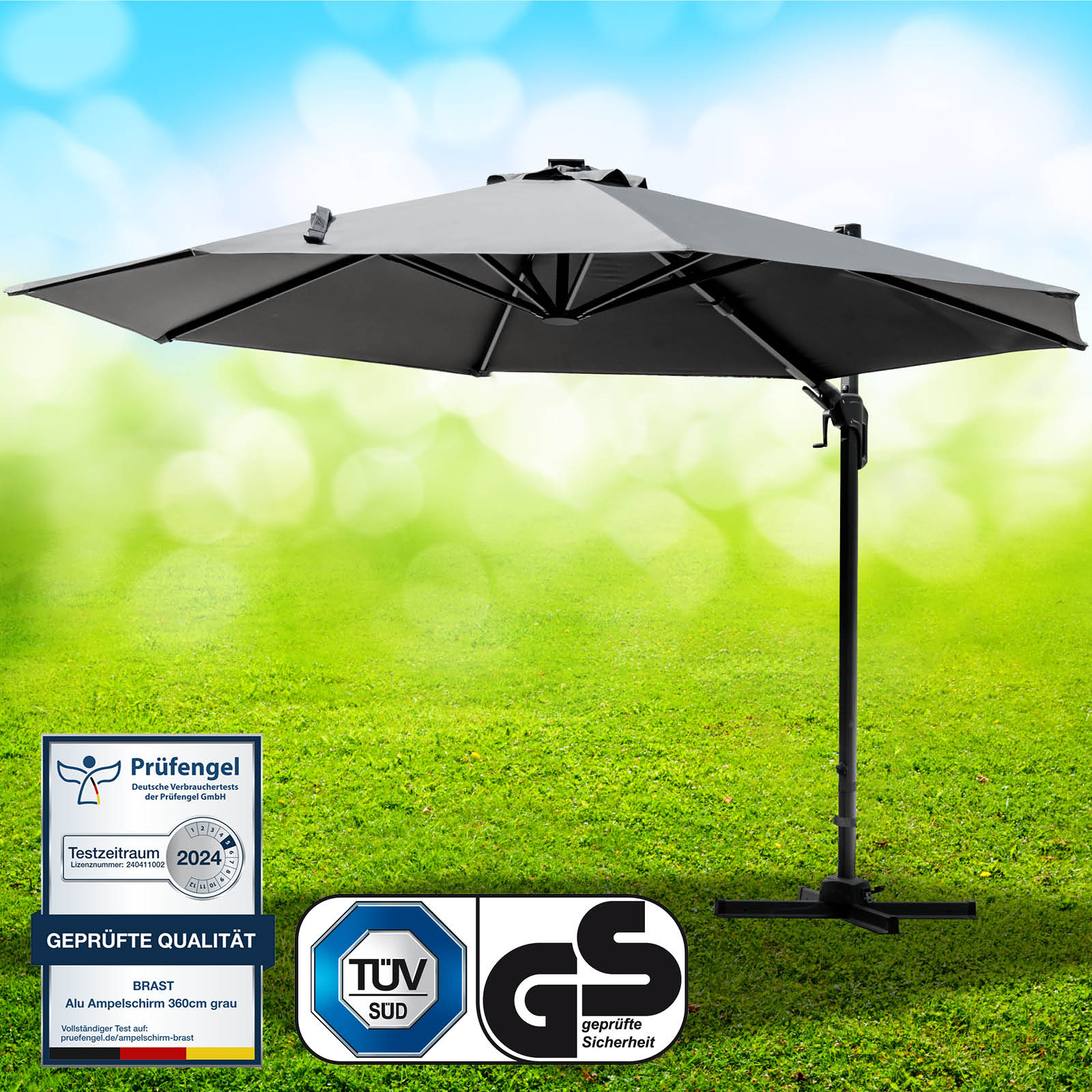 Grauer runder Alu Ampelschirm 360cm als Sonnenschirm Terrasse und Gartenschirm für Balkon.
