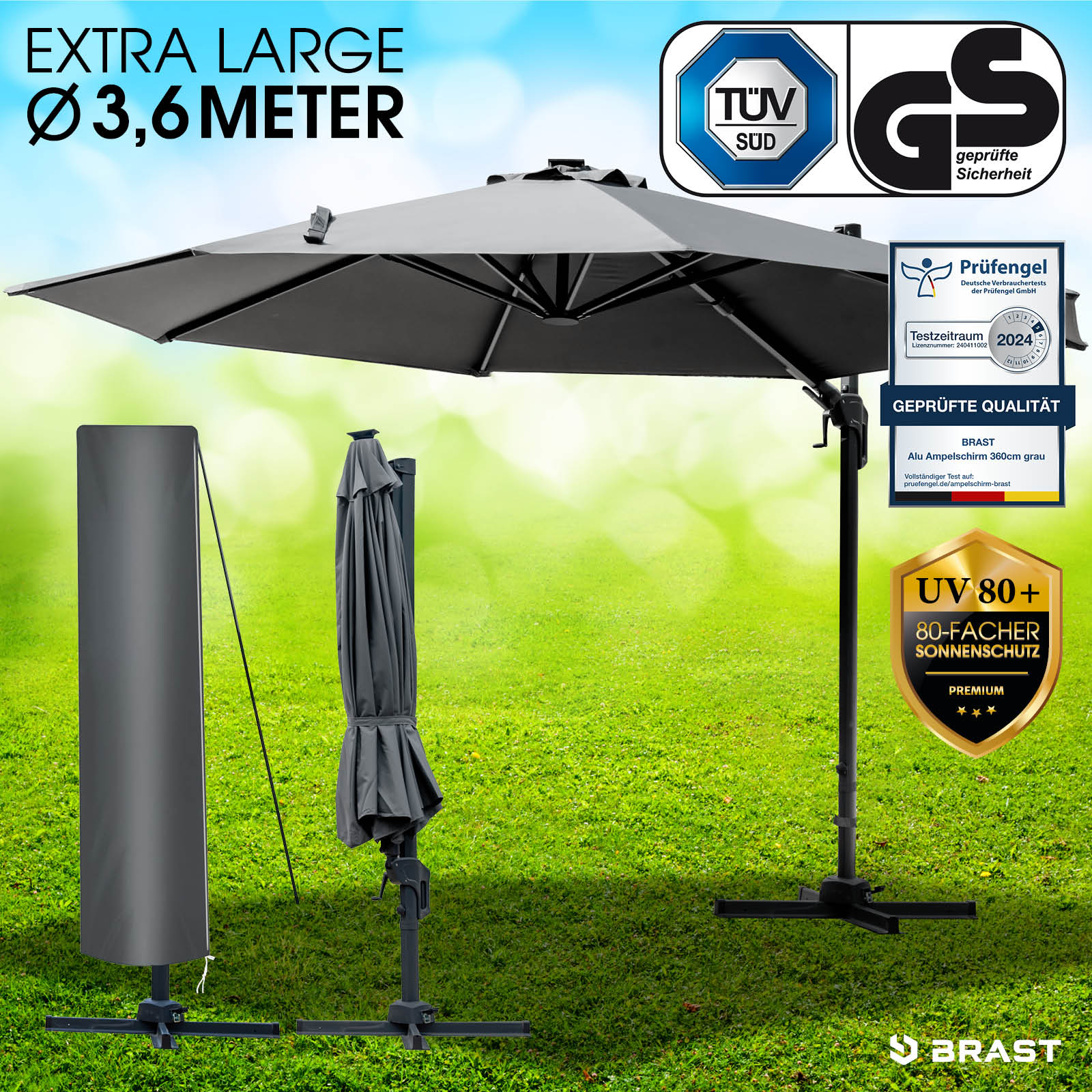 Großer grauer Alu Ampelschirm 360 cm rund, UV-Schutz, stabiler Gartenschirm für Terrasse und Balkon, vielseitiger.
