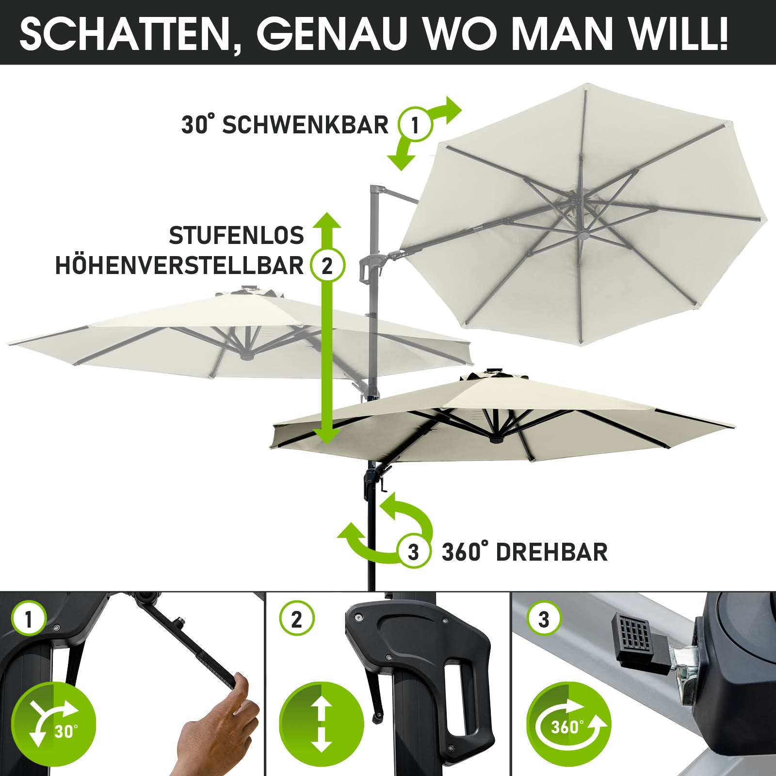 Beiger Alu Ampelschirm rund 360 cm, stufenlos höhenverstellbar, 30° schwenkbar, 360° drehbar, Sonnenschirm Terrasse und.