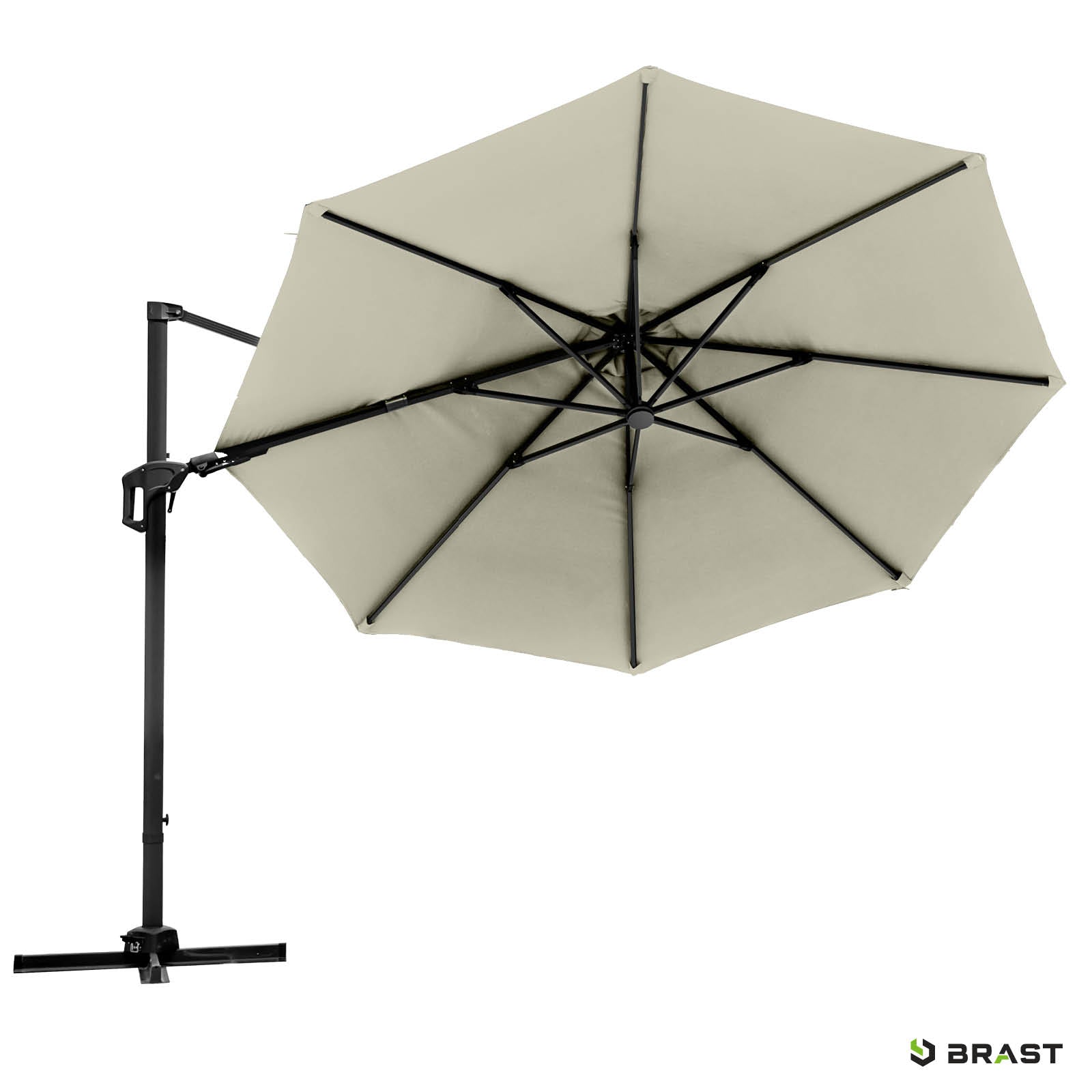 Beiger runder Alu-Ampelschirm mit stabilem Gestell, ideal als Sonnenschirm Terrasse oder Balkon.