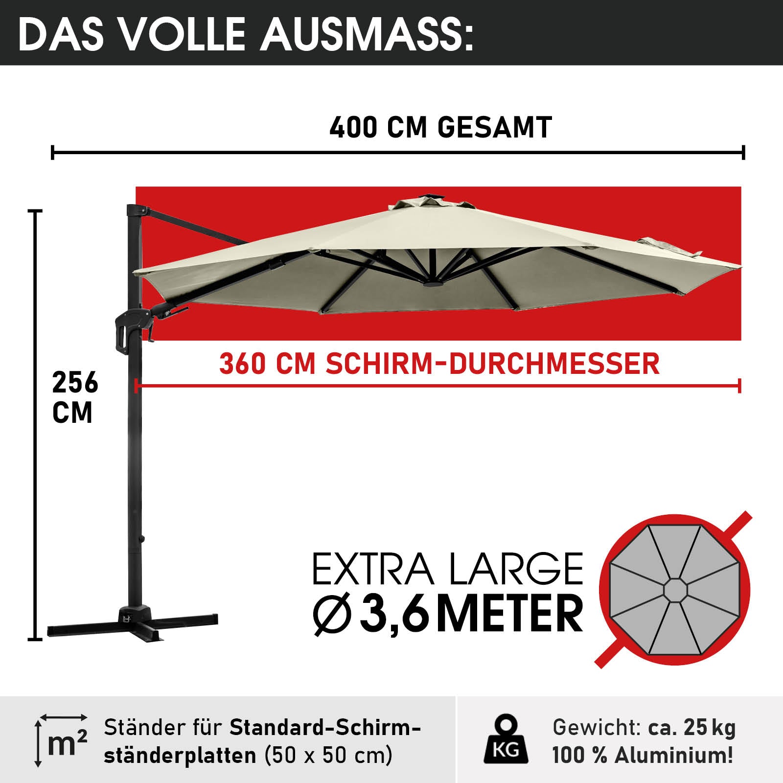 Beiger rechteckiger Ampelschirm 360 cm Durchmesser, Gartenschirm für Terrasse und Balkon, Sonnenschirm rechteckig,.