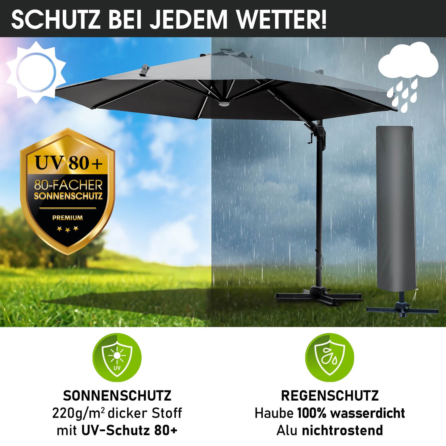 Grauer Ampelschirm 360 cm rund mit LED-Beleuchtung, wasserfeste Haube, ideal als sonnenschirm rechteckig, Gartenschirm für.