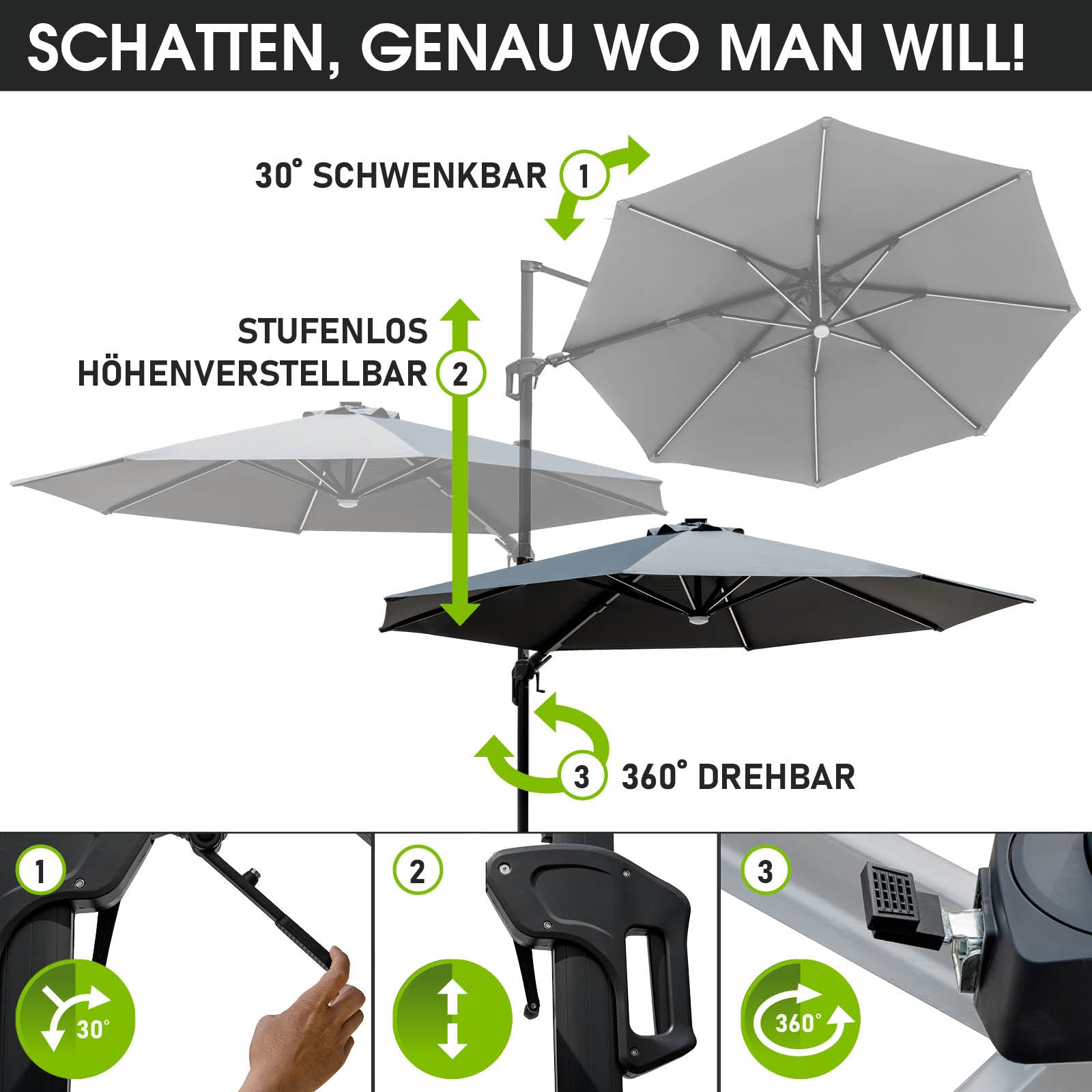 Grauer rechteckiger Alu Ampelschirm 360 cm mit LED, stufenlos höhenverstellbar und 360° drehbar, ideal als Gartenschirm für.