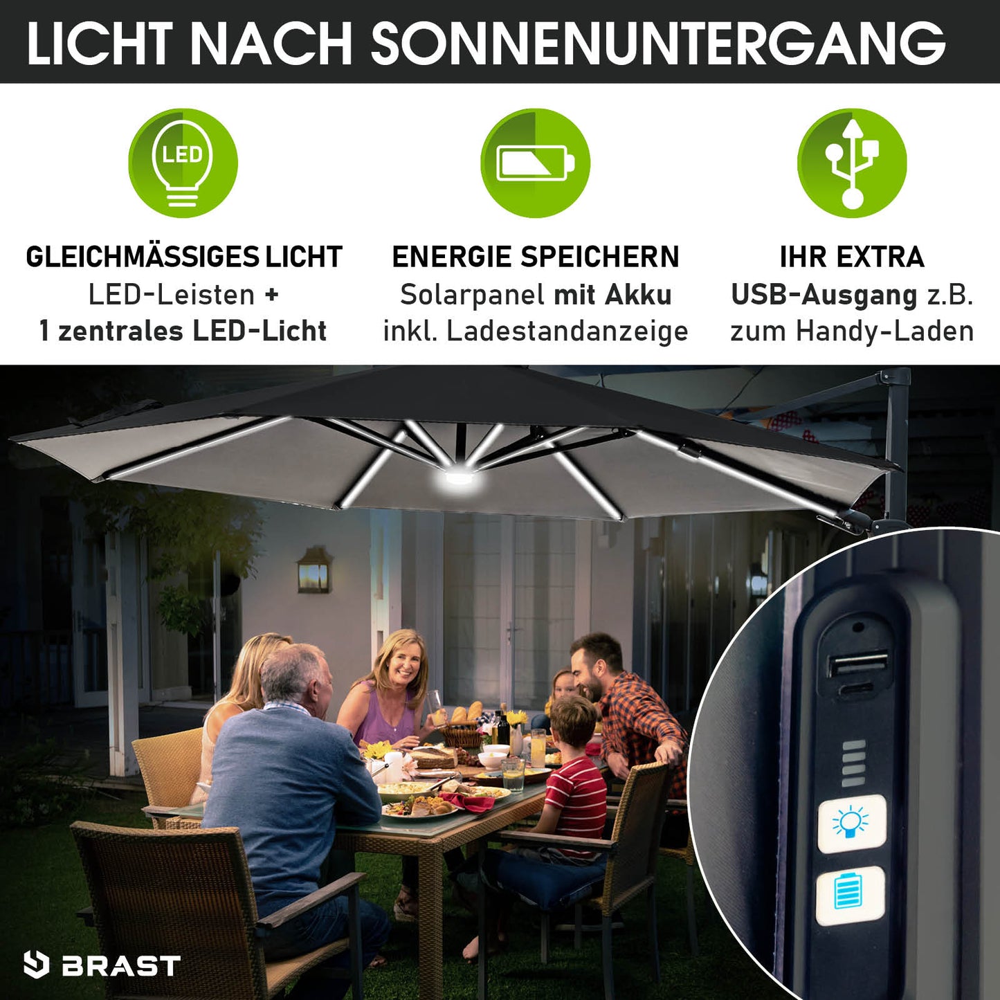 Grau runder Aluminium-Ampelschirm 360 cm mit LED-Beleuchtung, USB-Ladeanschluss, ideal als Sonnenschirm Terrasse und.