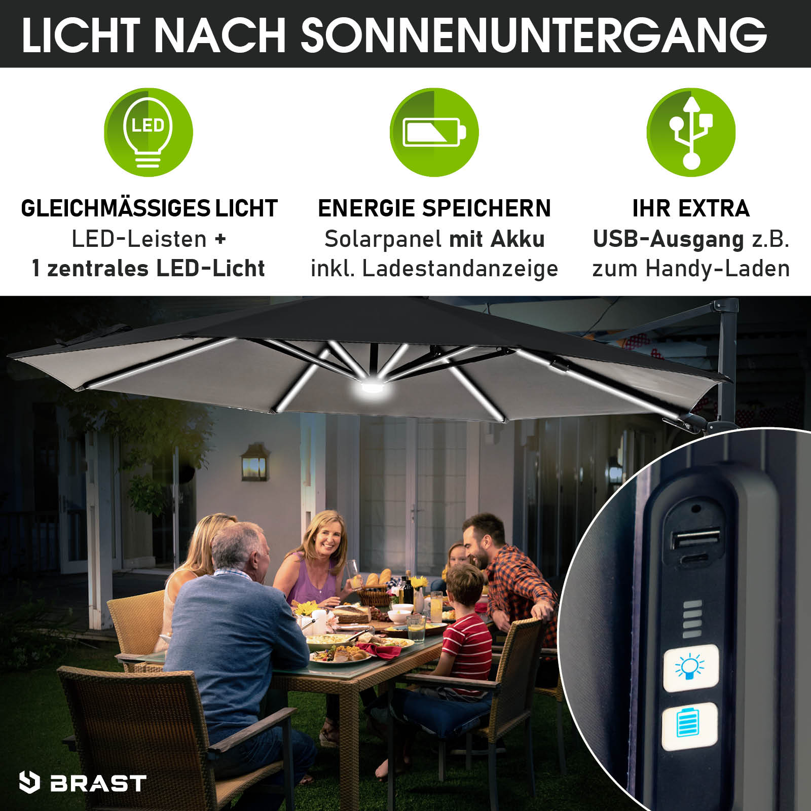 Grau runder Aluminium-Ampelschirm 360 cm mit LED-Beleuchtung, USB-Ladeanschluss, ideal als Sonnenschirm Terrasse und.