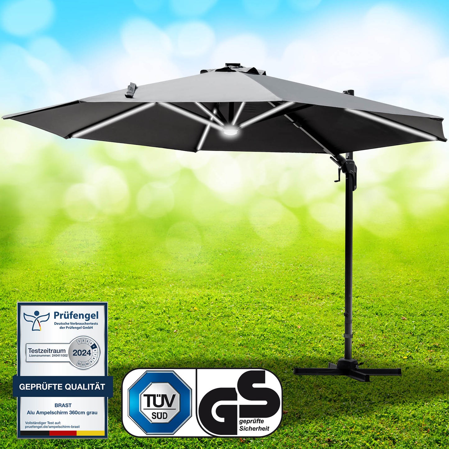 Grau rechteckiger Alu Ampelschirm 360 cm mit LED-Beleuchtung, Gartenschirm für Terrasse und Balkon.