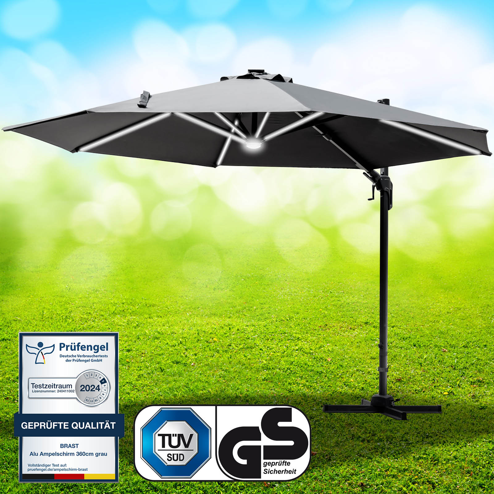 Grau rechteckiger Alu Ampelschirm 360 cm mit LED-Beleuchtung, Gartenschirm für Terrasse und Balkon.