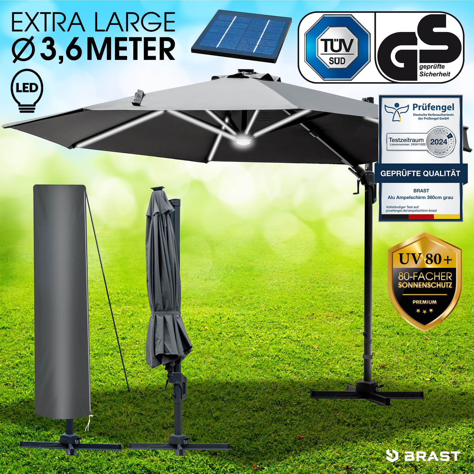 Großer grauer Ampelschirm 360 cm mit LED, Sonnenschirm rechteckig, Gartenschirm für Balkon und Terrasse.