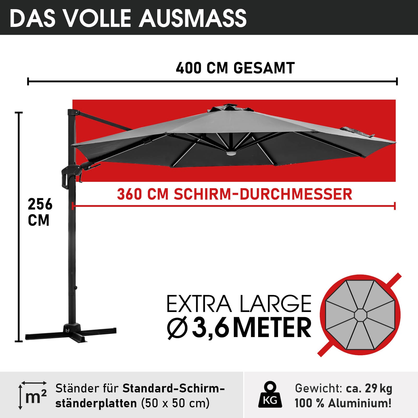 Großer grauer Ampelschirm 360 cm Durchmesser mit LED-Beleuchtung, ideal als Sonnenschirm Terrasse oder Balkon.