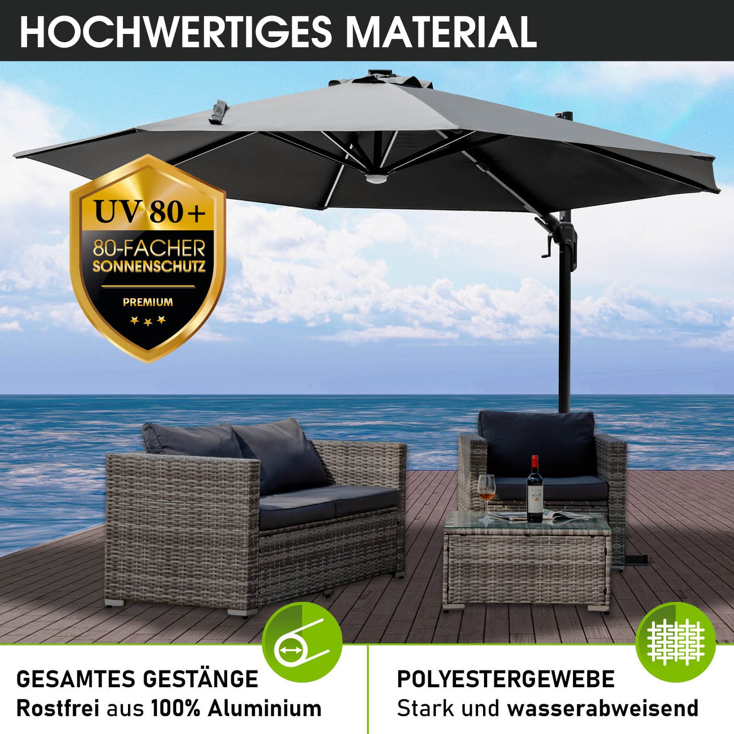 Großer grauer Ampelschirm 360 cm mit LED-Beleuchtung, rechteckiger Sonnenschirm, wetterfester Gartenschirm für Terrasse und.
