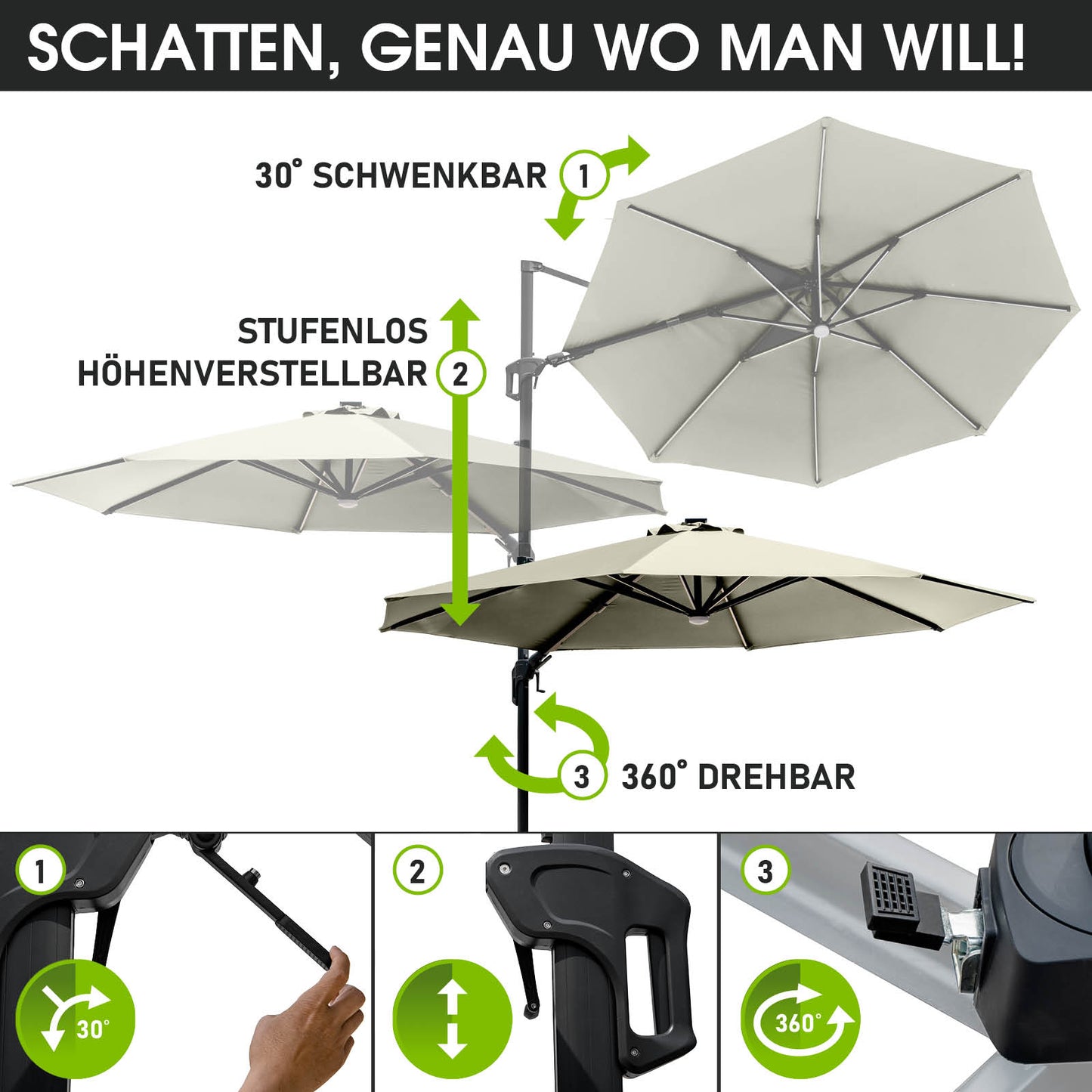 Beiger runder Ampelschirm 360 cm mit LED, höhenverstellbar und 360° drehbar, perfekt als Sonnenschirm Terrasse und.