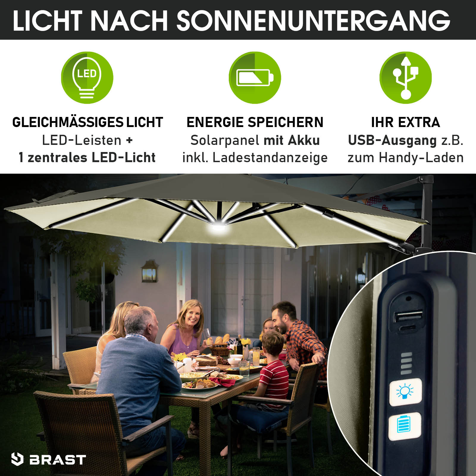 Beiger runder Ampelschirm 360 cm mit LED-Beleuchtung, USB-Anschluss und rechteckigem Gartenschirm-Design für Terrasse und.