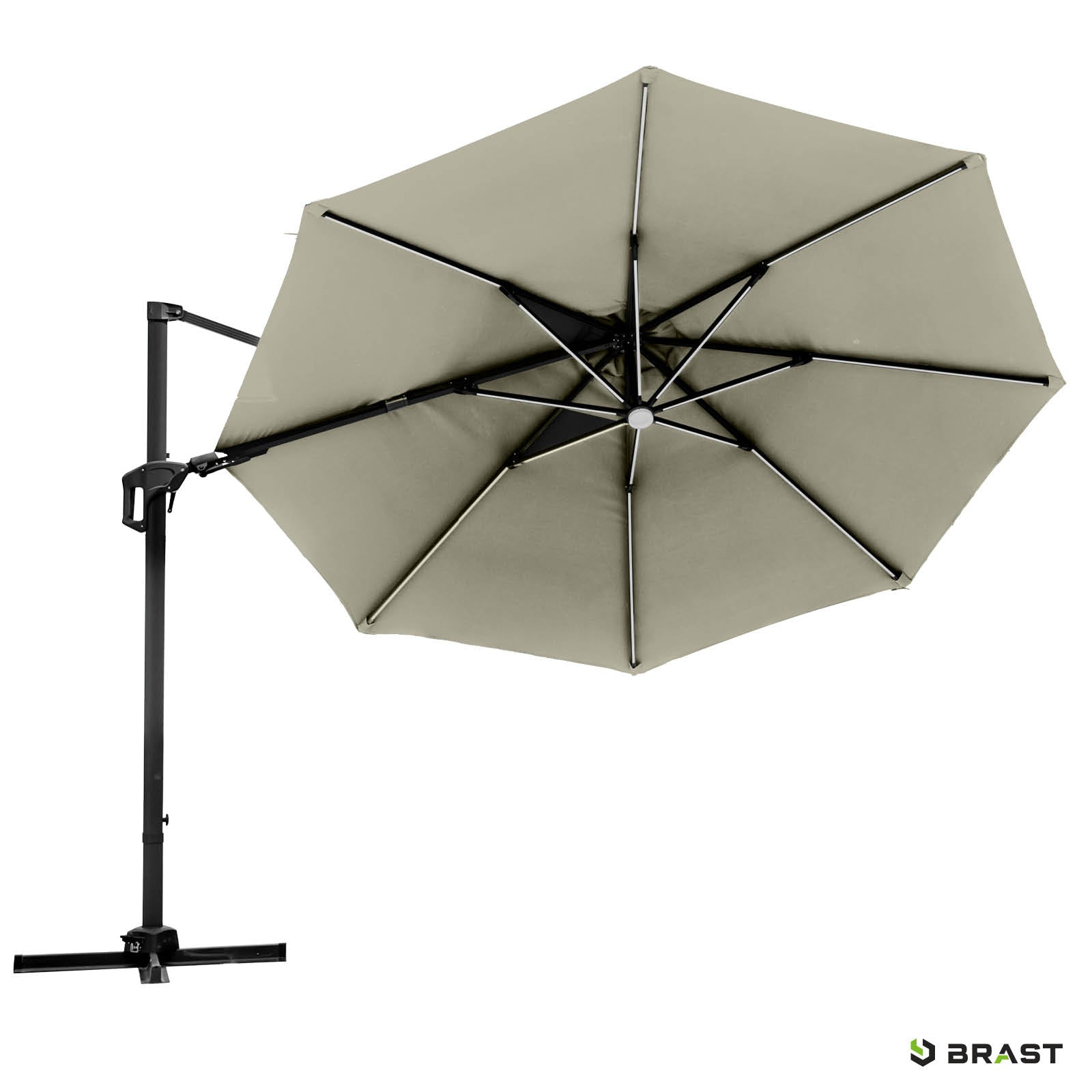 Beiger runder Ampelschirm 360 cm mit LED-Beleuchtung, Gartenschirm für Terrasse und Balkon.