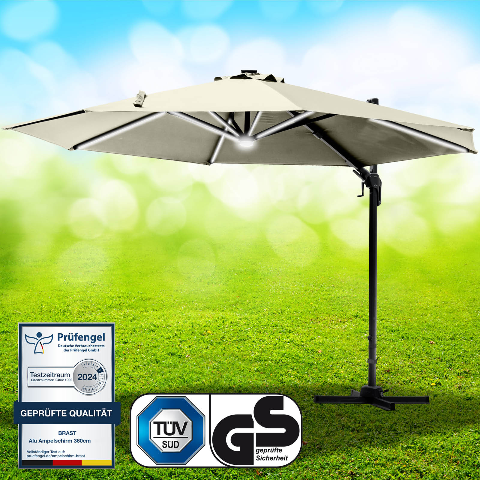 Beiger runder Ampelschirm 360 cm mit LED-Beleuchtung, Gartenschirm für Sonnenschirme Balkon und Terrasse.