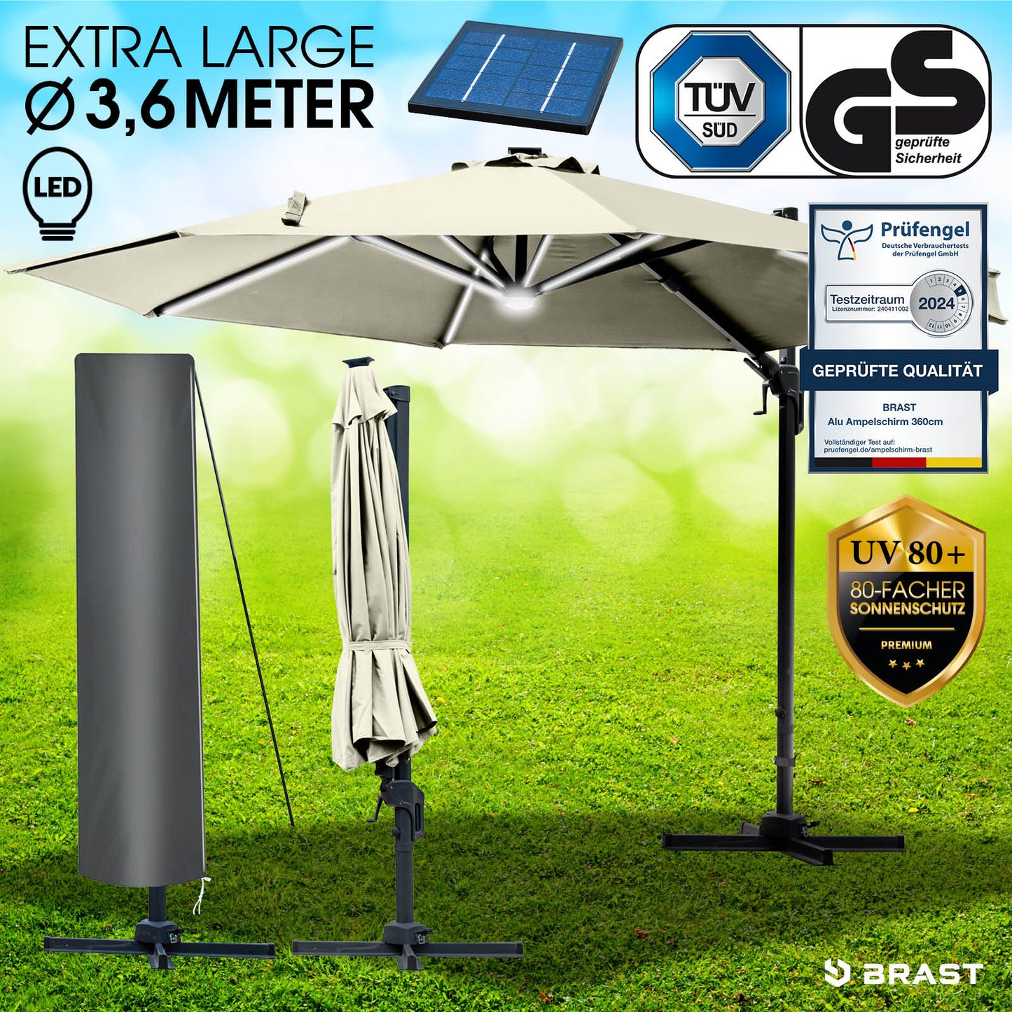 Beiger runder Ampelschirm 360 cm mit LED-Beleuchtung, Gartenschirm für Terrasse und Balkon, UV-Schutz.