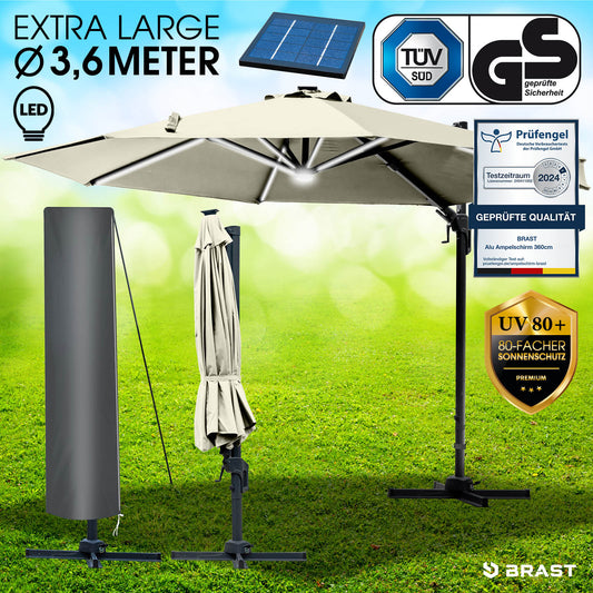 Beiger runder Ampelschirm 360 cm mit LED-Beleuchtung, Gartenschirm für Terrasse und Balkon, UV-Schutz.