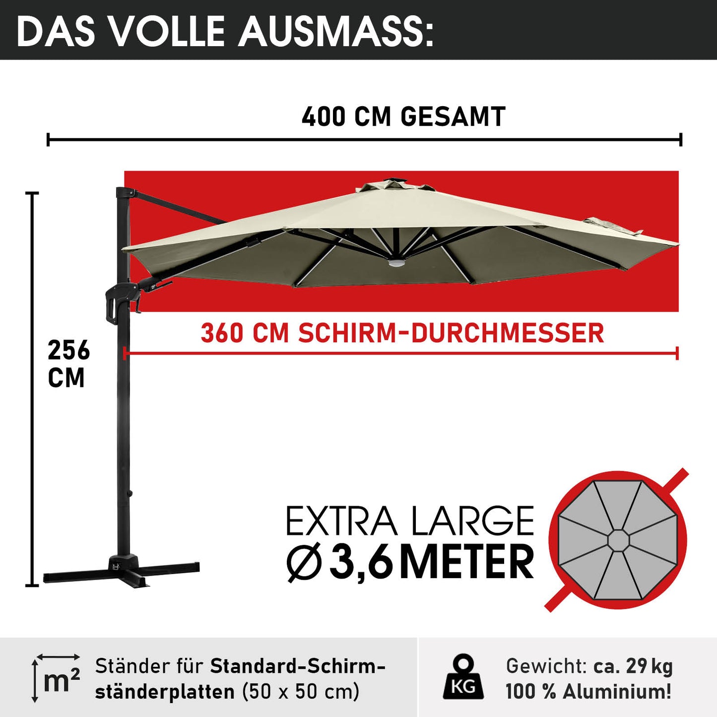 Beiger runder Ampelschirm 360 cm Durchmesser mit LED-Beleuchtung, Gartenschirm für Terrasse und Balkon.