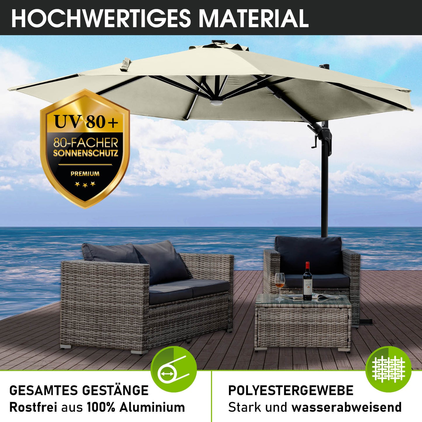 Beiger rechteckiger Ampelschirm 360cm aus Aluminium mit LED, Gartenschirm für Terrasse und Balkon.