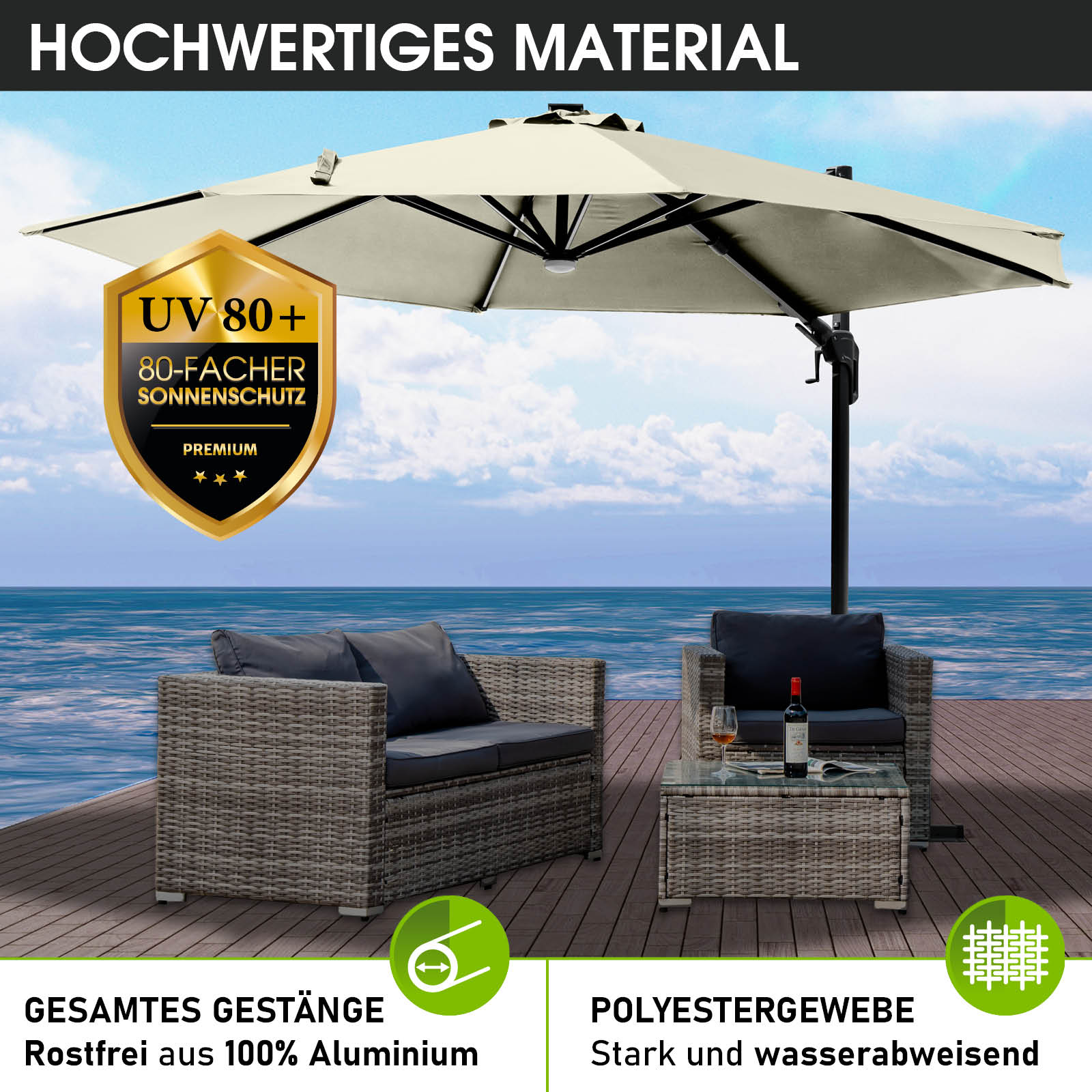 Beiger rechteckiger Ampelschirm 360cm aus Aluminium mit LED, Gartenschirm für Terrasse und Balkon.