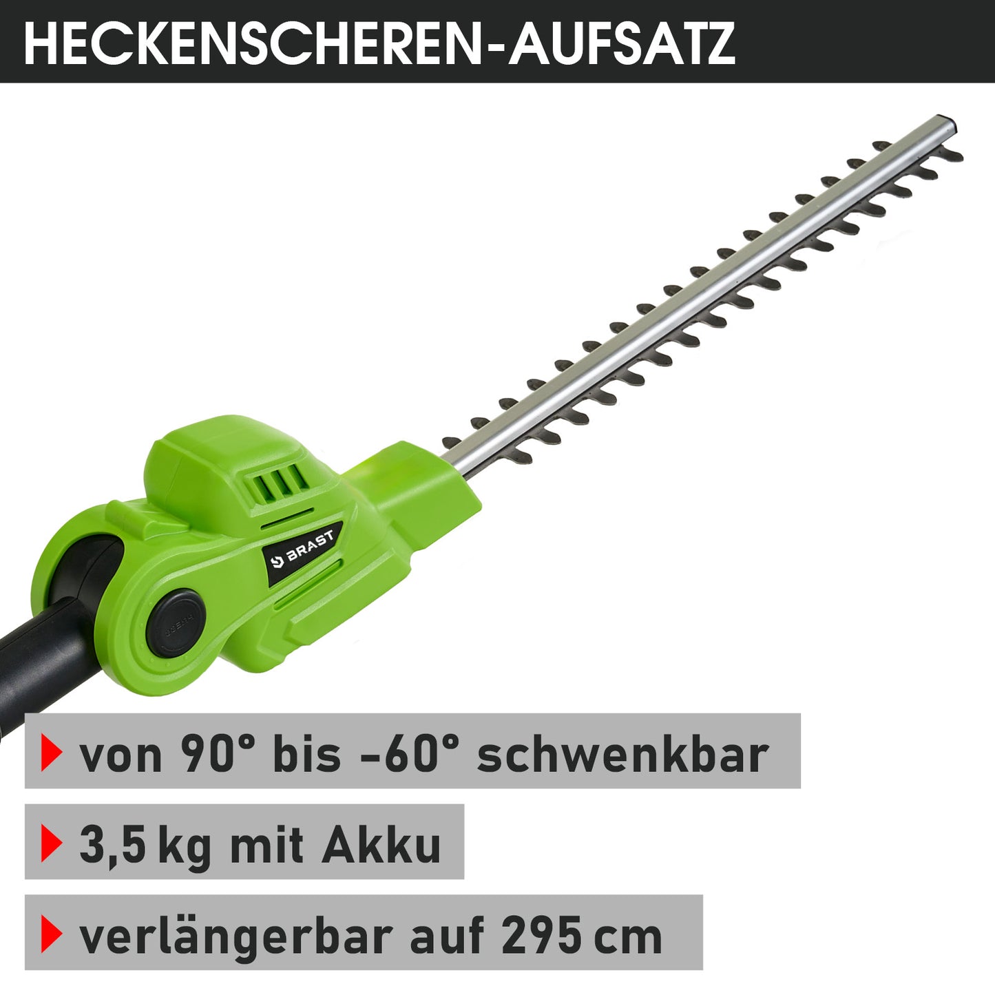 Grüne, schwenkbare Heckenscherenaufsatzklinge mit schwarzen Zackenklingen und Teleskopstiel.