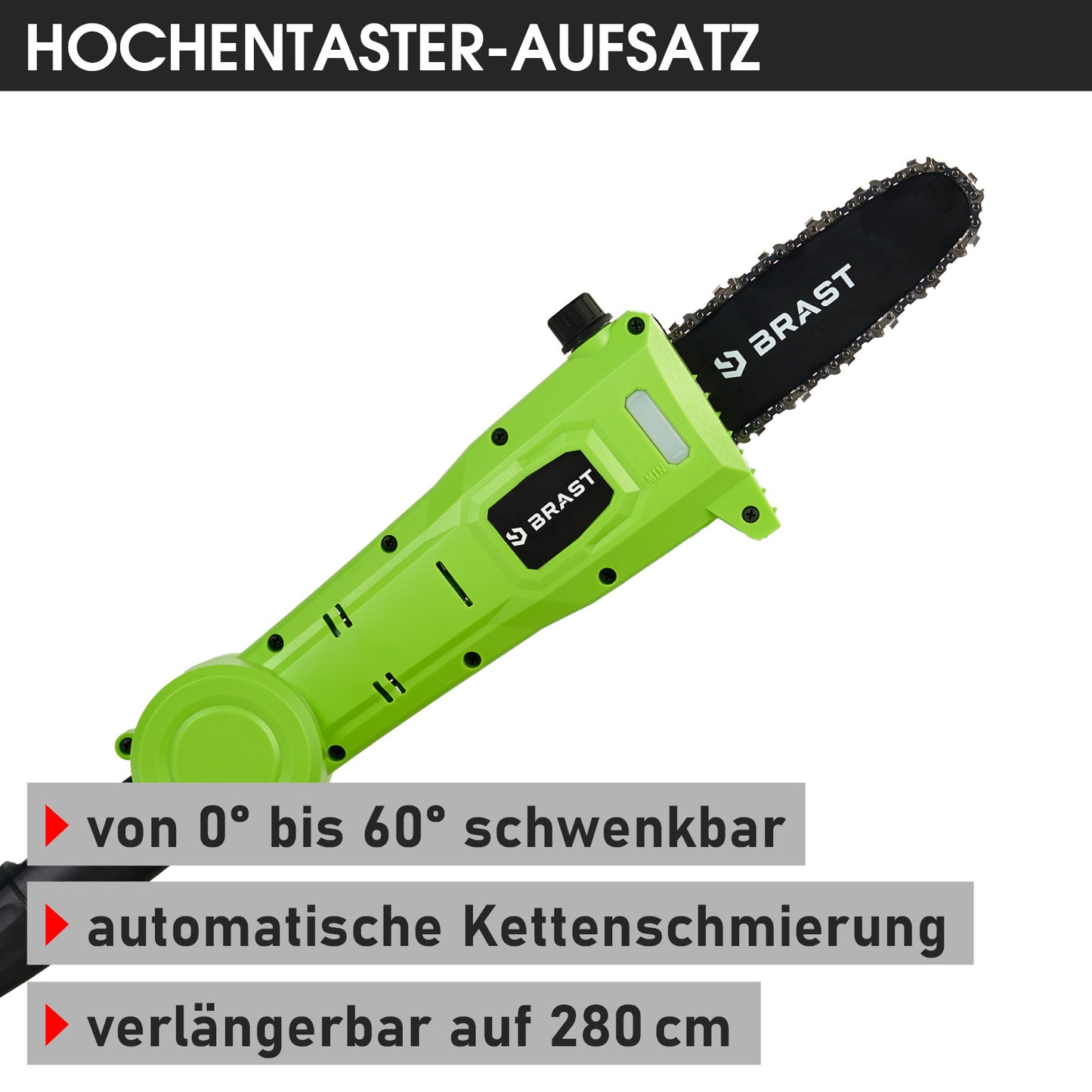 Grüne BRÄST Teleskop-Hochentaster-Aufsatz mit schwarzem Sägeblatt und ergonomischem Griff.