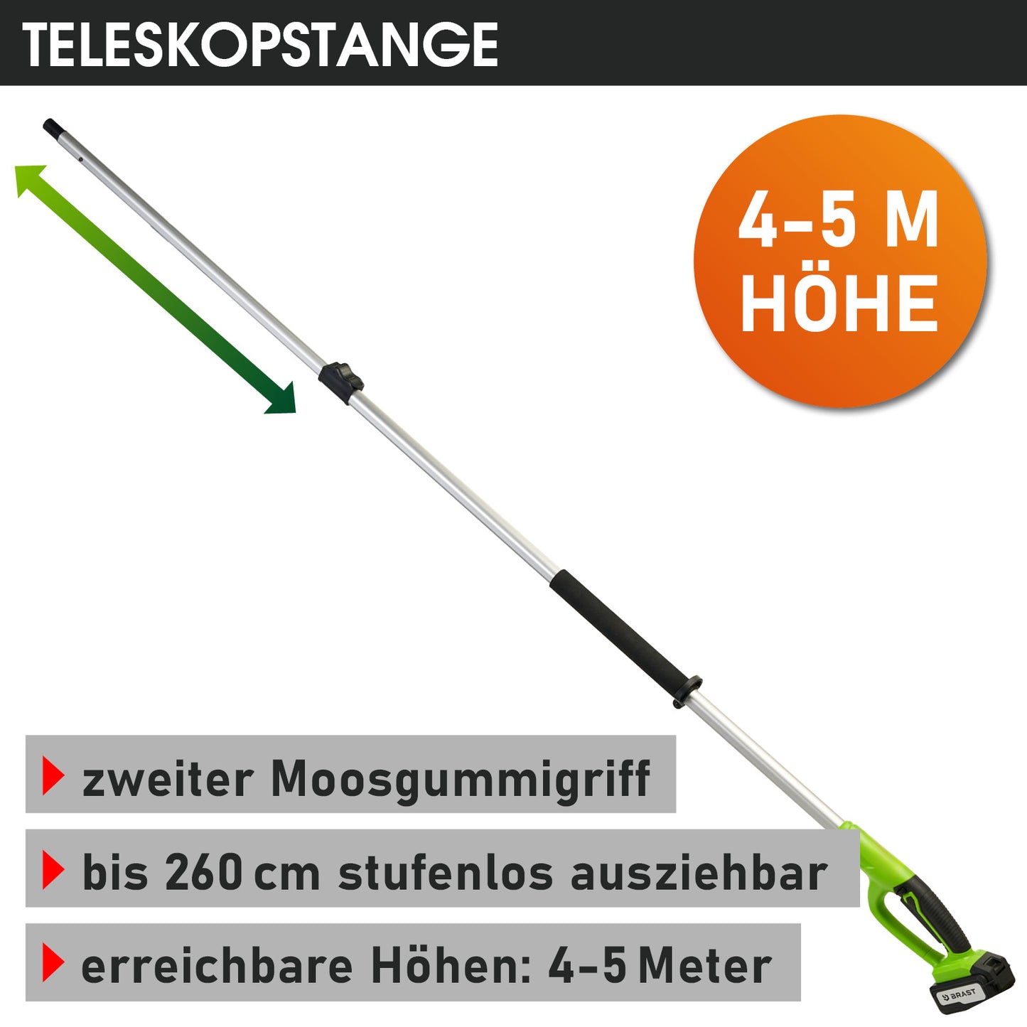 Teleskopstange mit zweitem Moosgummigriff, ausziehbar bis 260 cm, grün-schwarz.