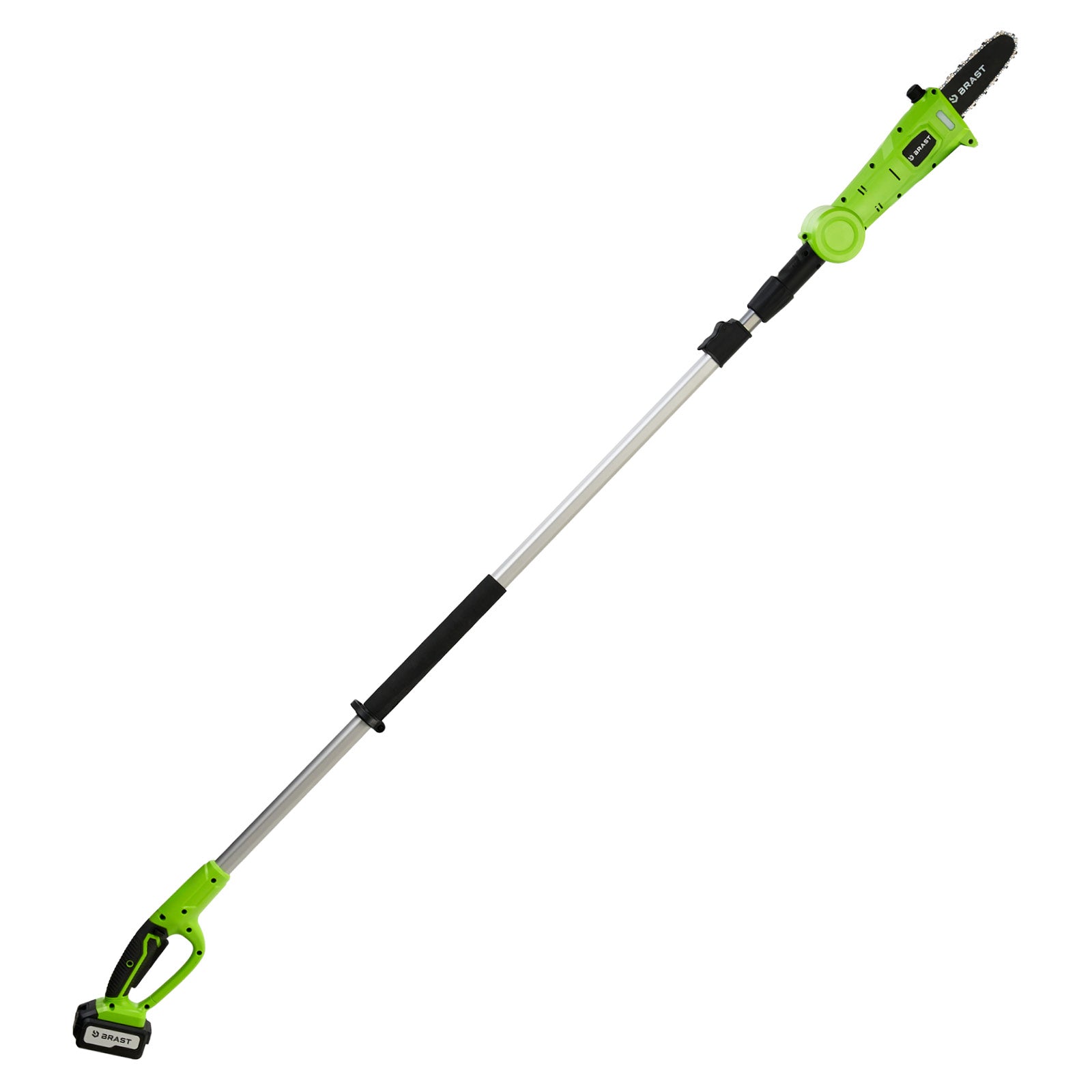 Grün-schwarzer Teleskop-Hochentaster mit langem silbernem Stiel und ergonomischem Griff.