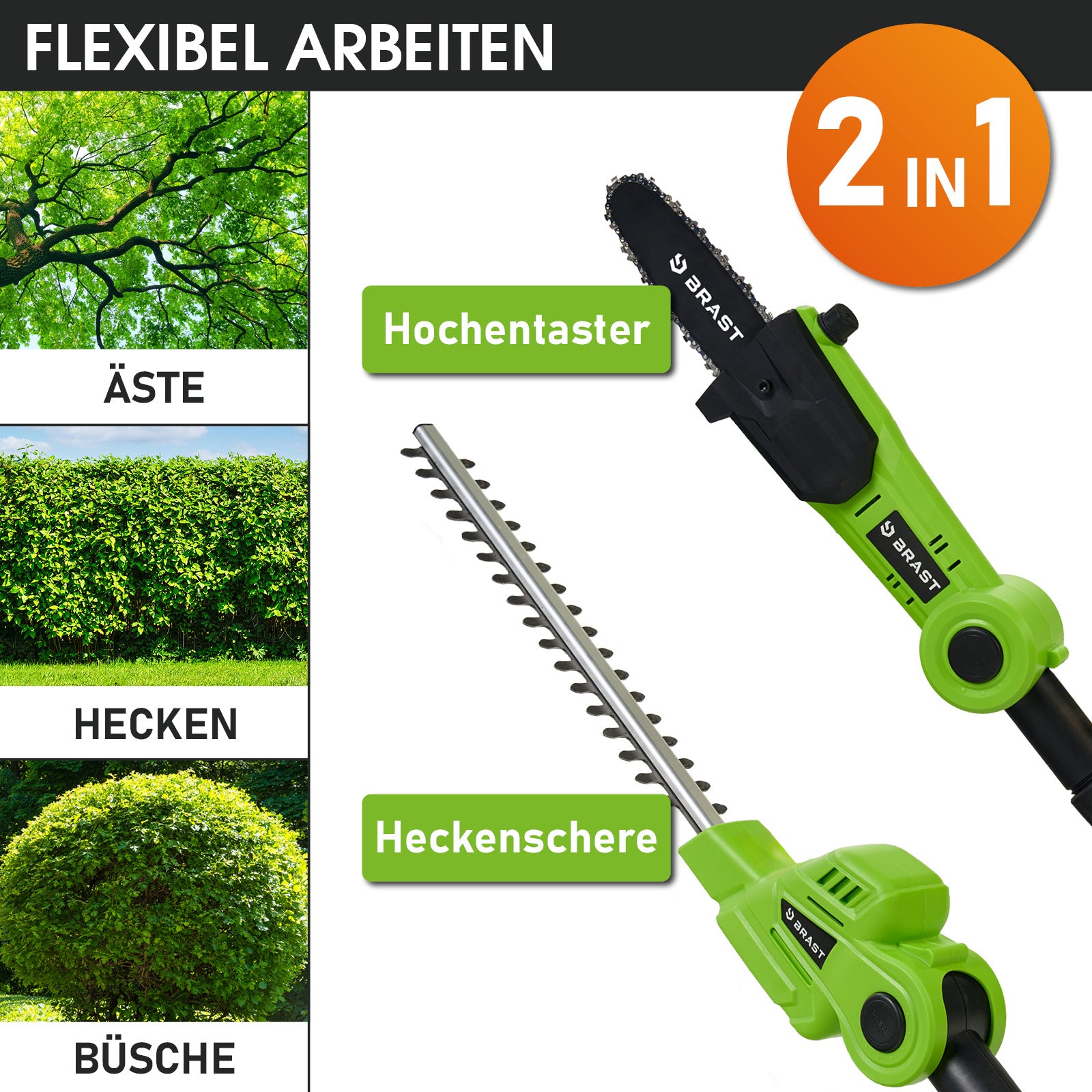 Grüne 2-in-1 Teleskop-Heckenschere und Hochentaster mit zwei Schneidaufsätzen und schwarzen Griffen.