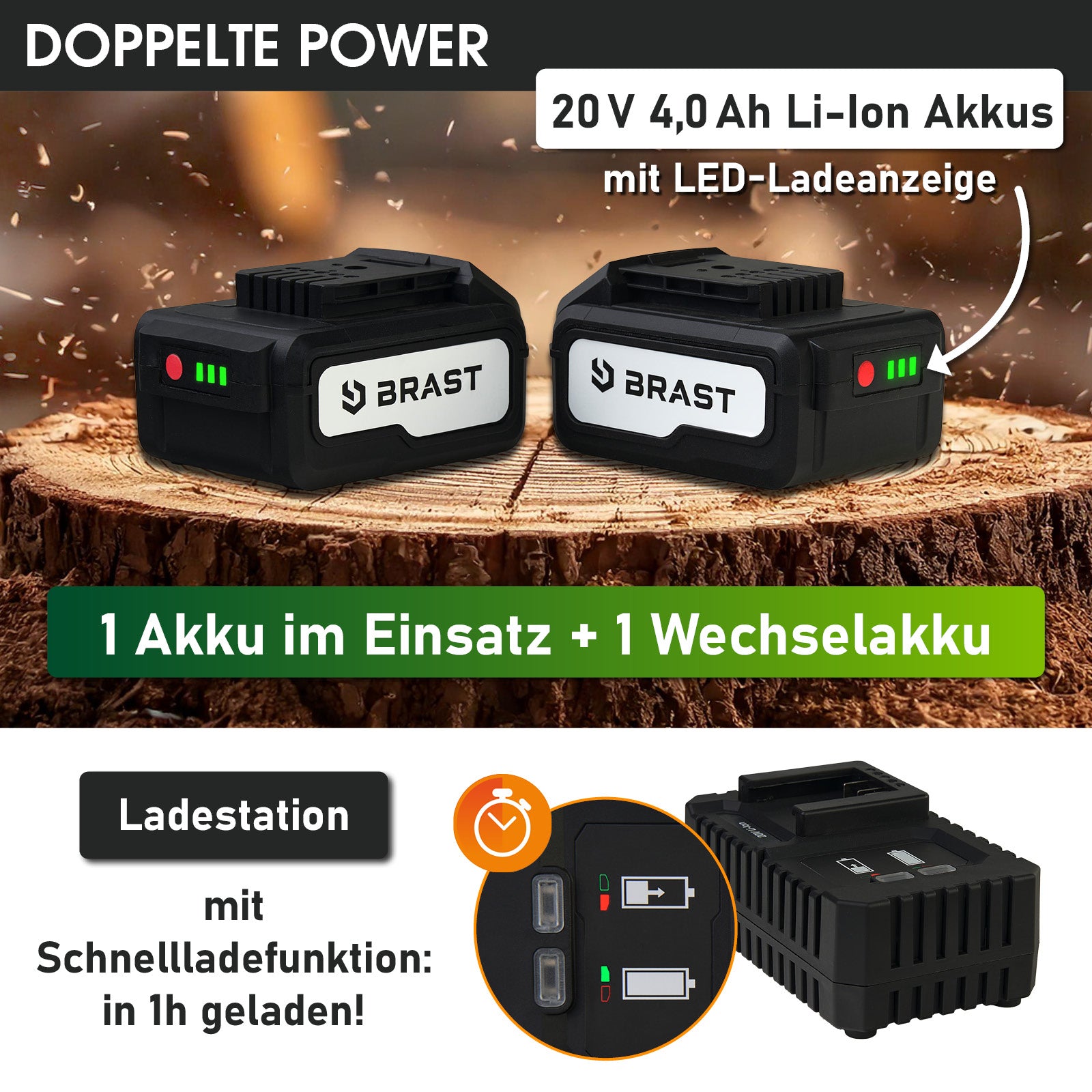 Zwei schwarze BRAST 20V 4,0 Ah Li-Ion Akkus mit LED-Ladeanzeige und Schnellladestation auf Holzfläche.
