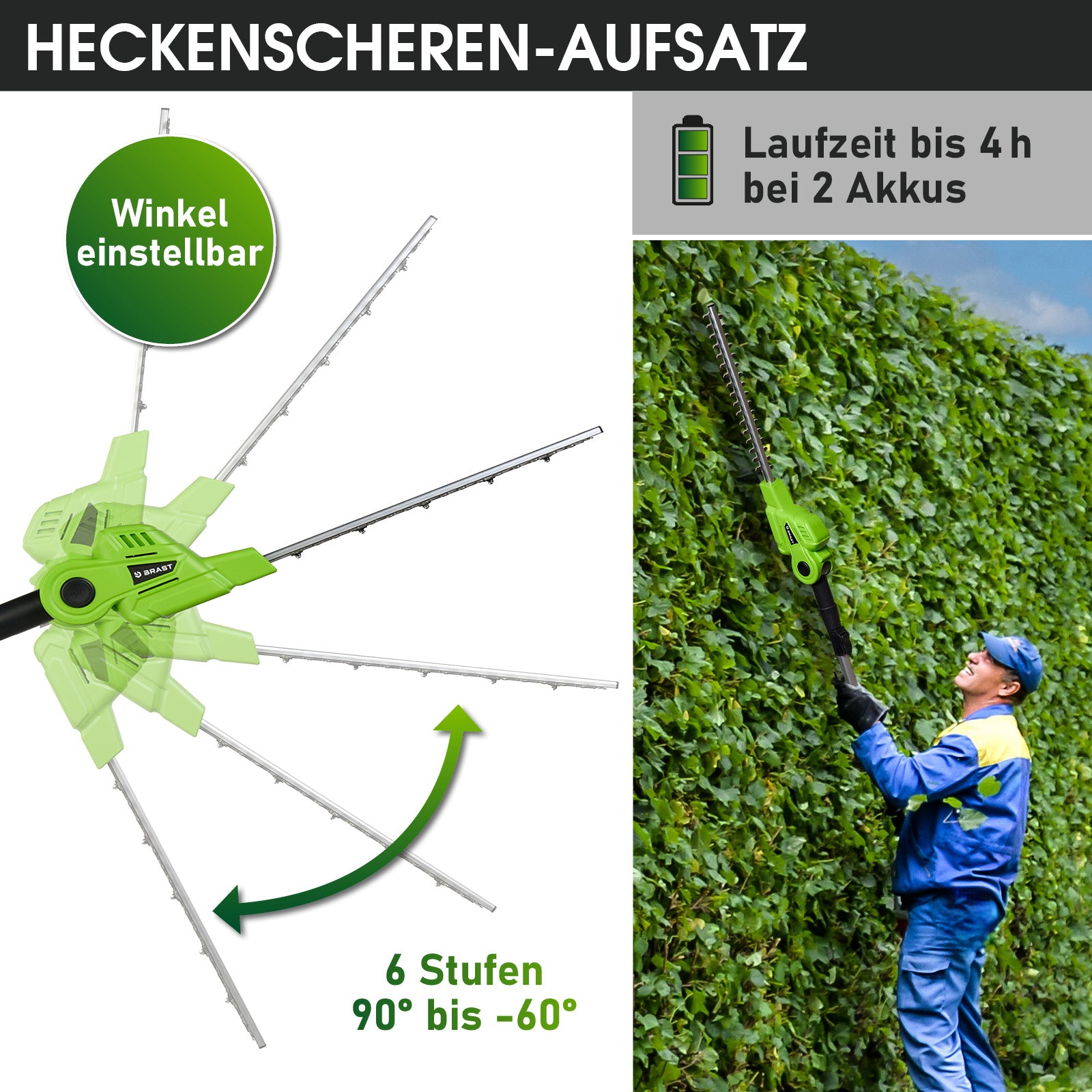 Grüne BRAST Teleskop-Heckenschere mit verstellbarem 90°-60° Schneidwinkel, Mann schneidet Hecke.