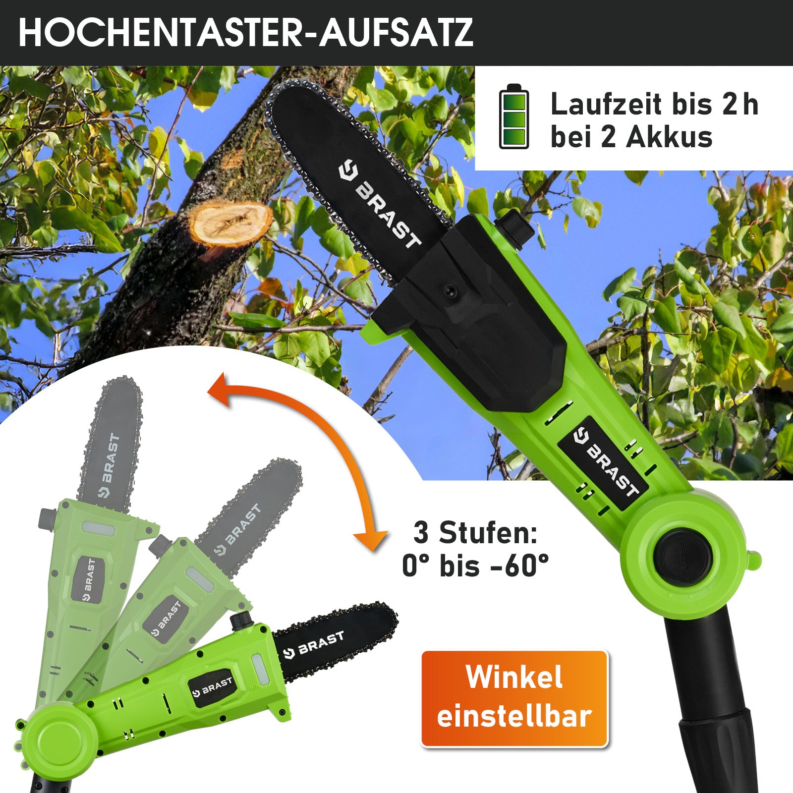 Grün-schwarzer BRAST Hochentaster-Aufsatz mit verstellbarem Winkel von 0° bis 60° und Akkuanzeige.