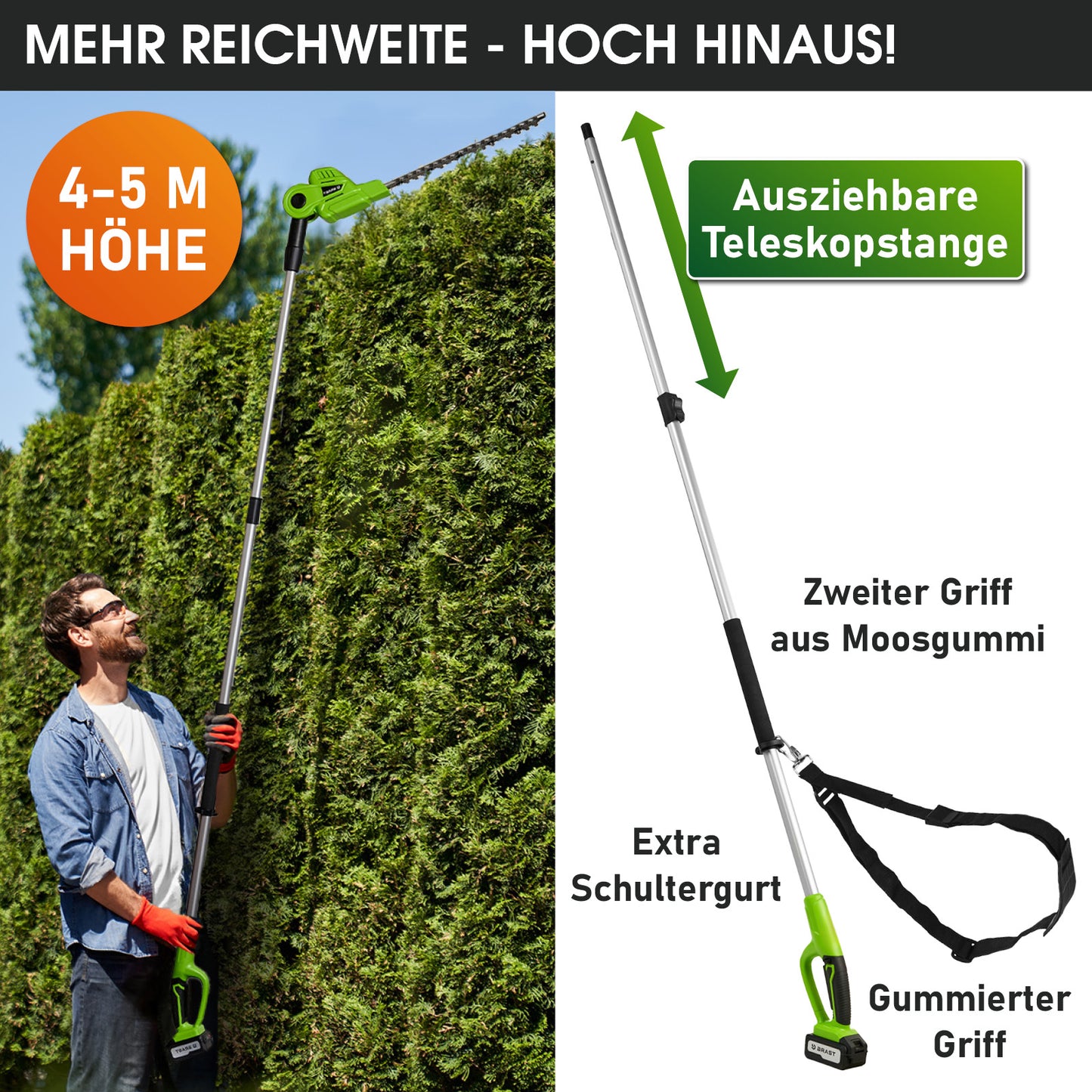 Grün-schwarze Teleskop-Heckenschere mit ausziehbarem Stiel, Schultergurt und Moosgummigriff, 4-5 m Reichweite.