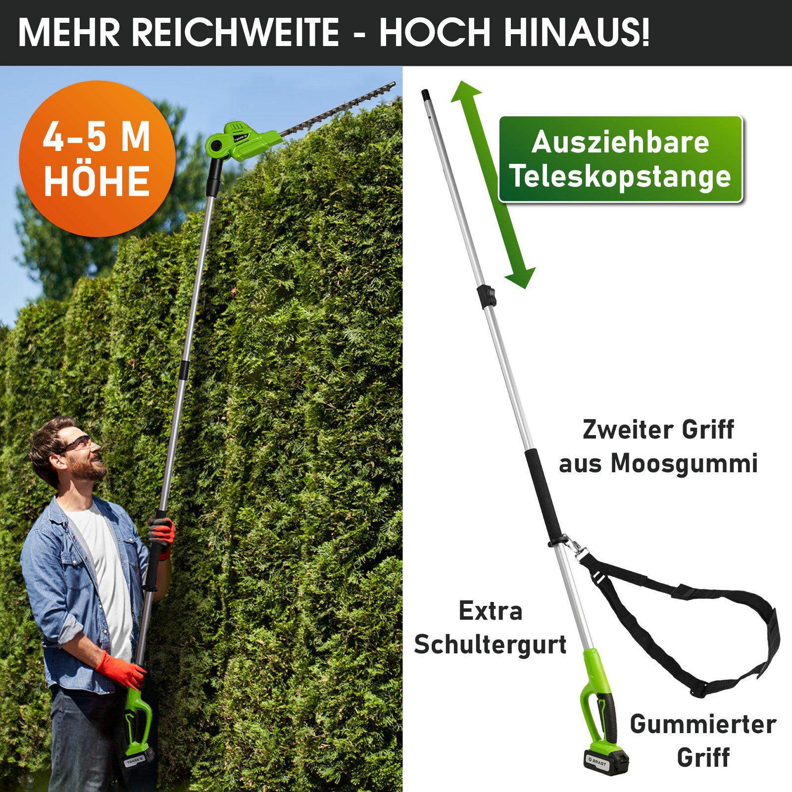 Grün-schwarze Teleskop-Heckenschere mit ausziehbarem Stiel, Schultergurt und Moosgummigriff, 4-5 m Reichweite.