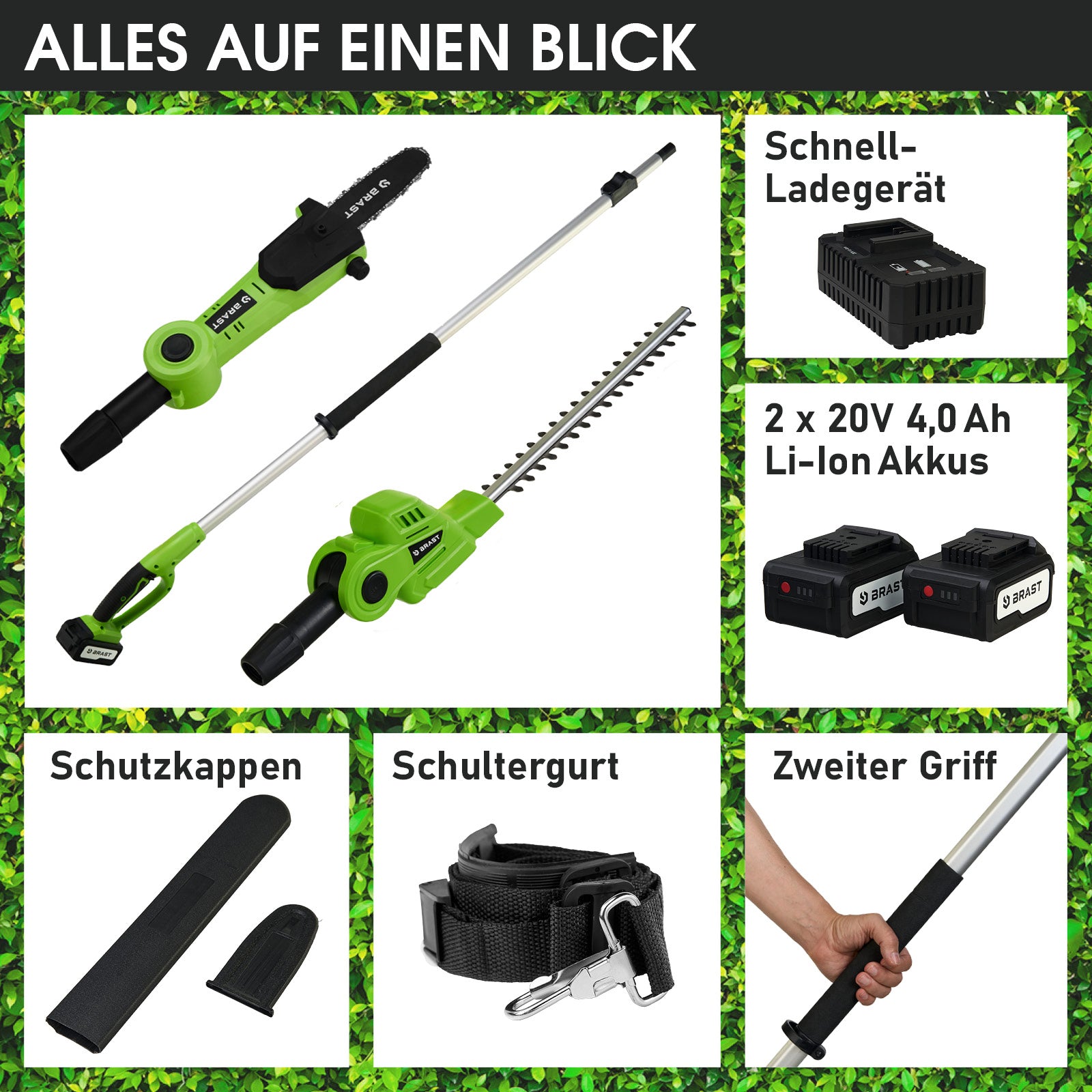 Grüne 2-in-1 Teleskop-Heckenschere und Hochentaster mit Verlängerungsstange, zwei Akkus und Schnellladegerät, inklusive.