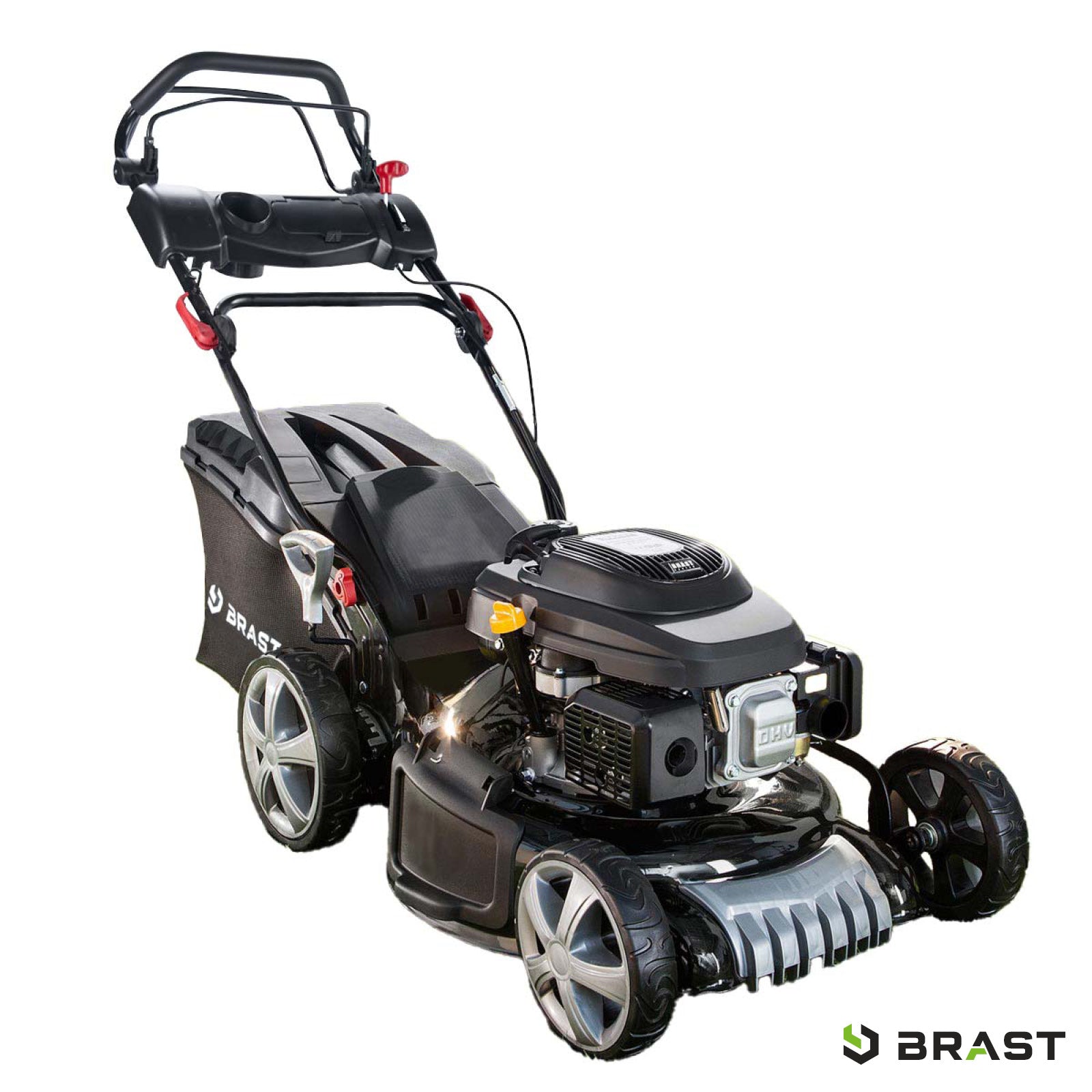 Schwarzer Benzin-Rasenmäher mit 19 Zoll Schnittbreite, 7 PS Motor und Mulchfunktion, mit Fangkorb und Antrieb.