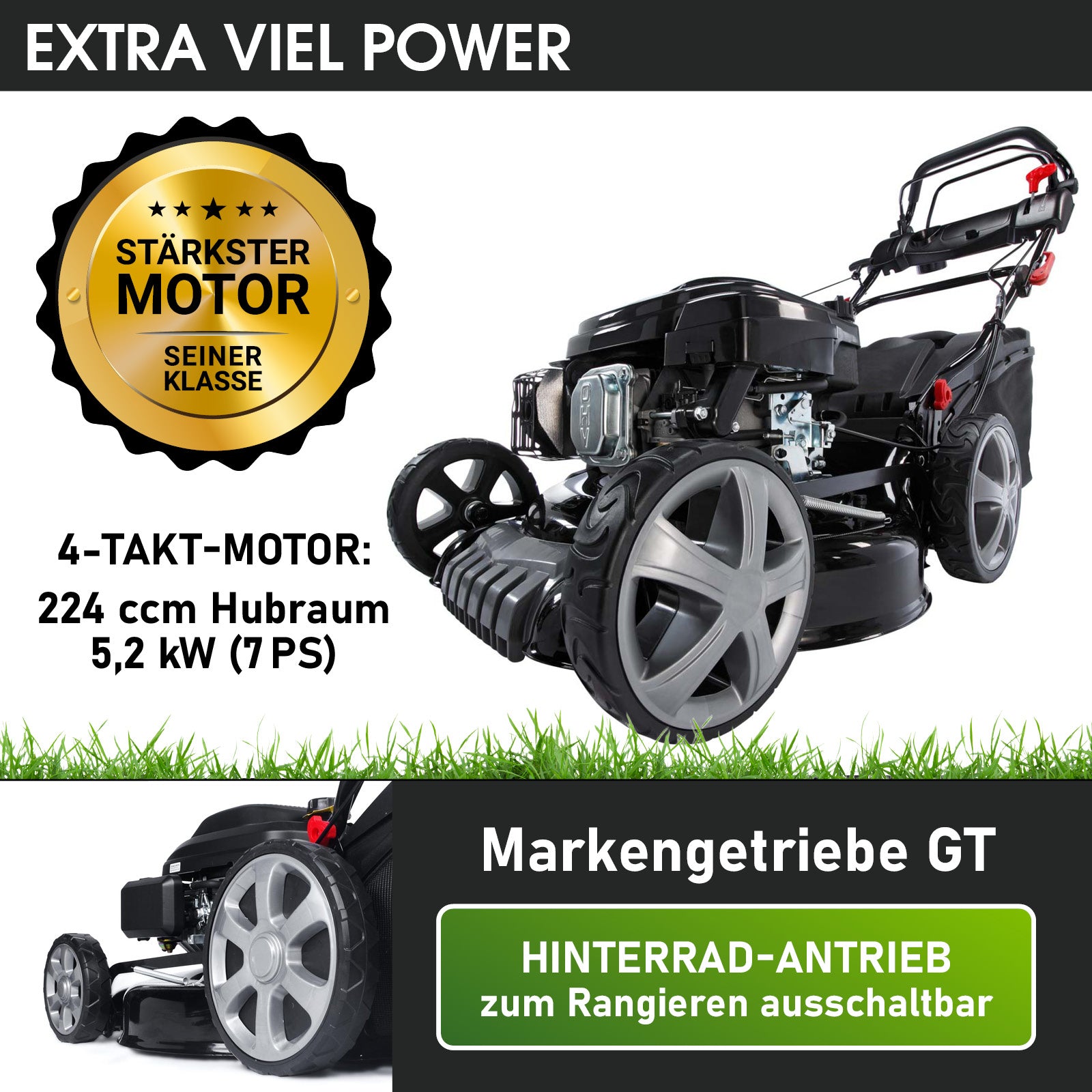 Schwarzer Benzin-Rasenmäher mit großem Motor, robusten grauen Rädern und höhenverstellbarem Griff.