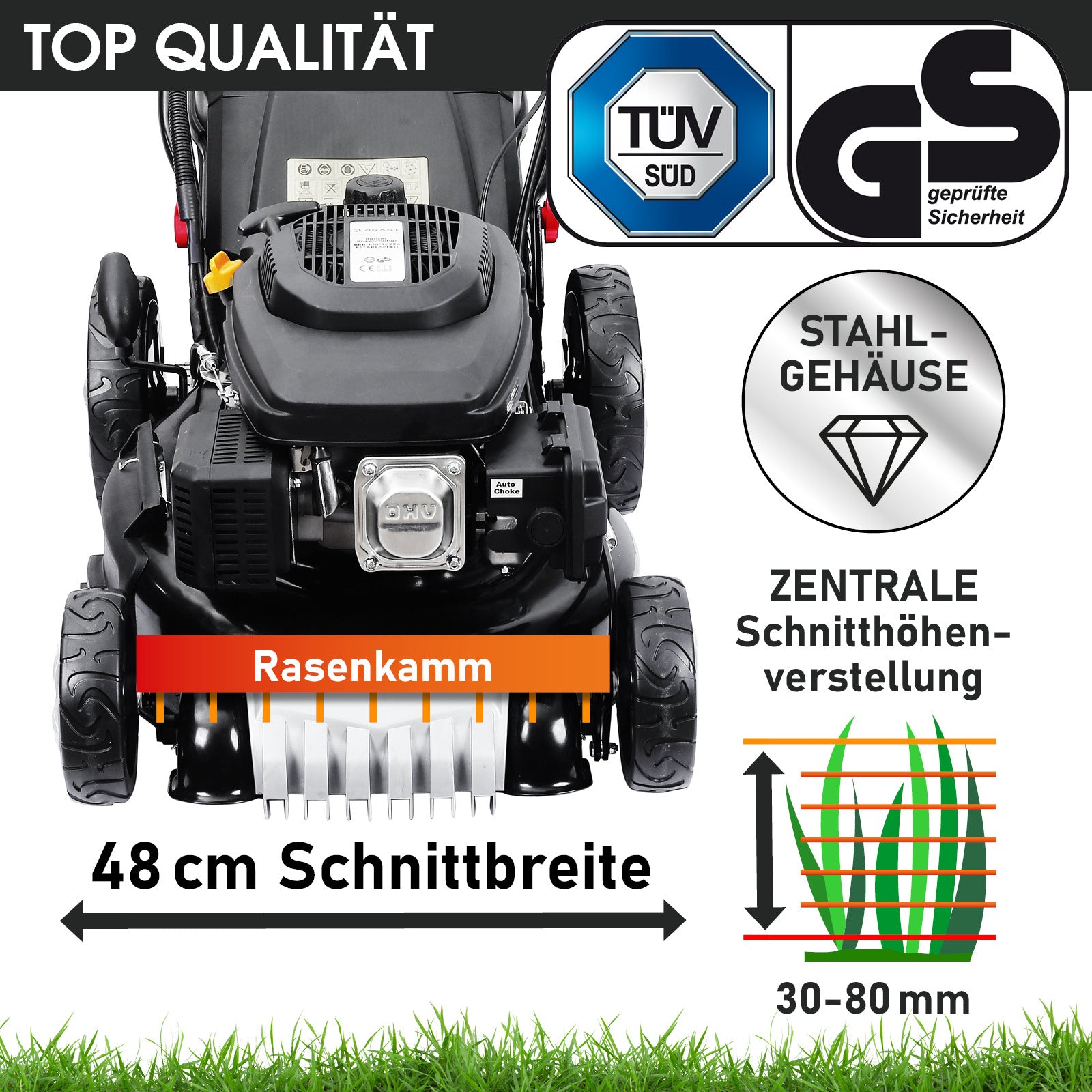 Benzin-Rasenmäher mit 48 cm Schnittbreite, Stahlgehäuse und zentraler Schnitthöhenverstellung von 30 bis 80 mm.