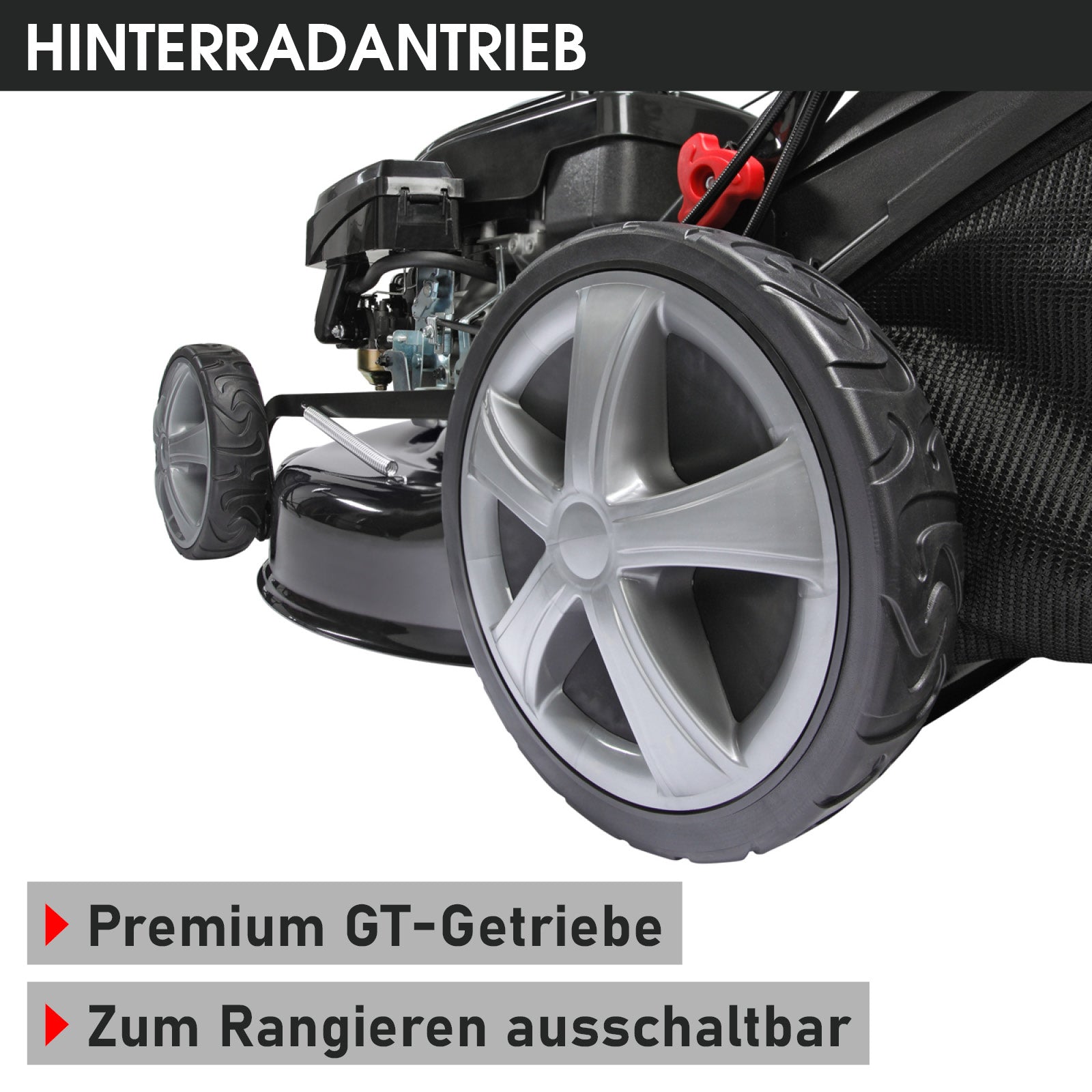 Schwarzer Benzin-Rasenmäher mit großem Hinterradantrieb und robustem Reifen, Mulchfunktion.