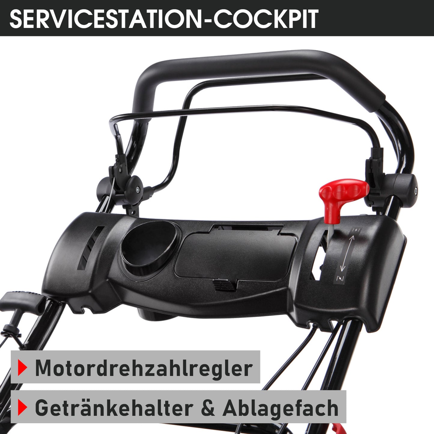 Schwarzer Benzinrasenmäher-Cockpit mit Drehzahlregler, Getränkehalter und Ablagefach.