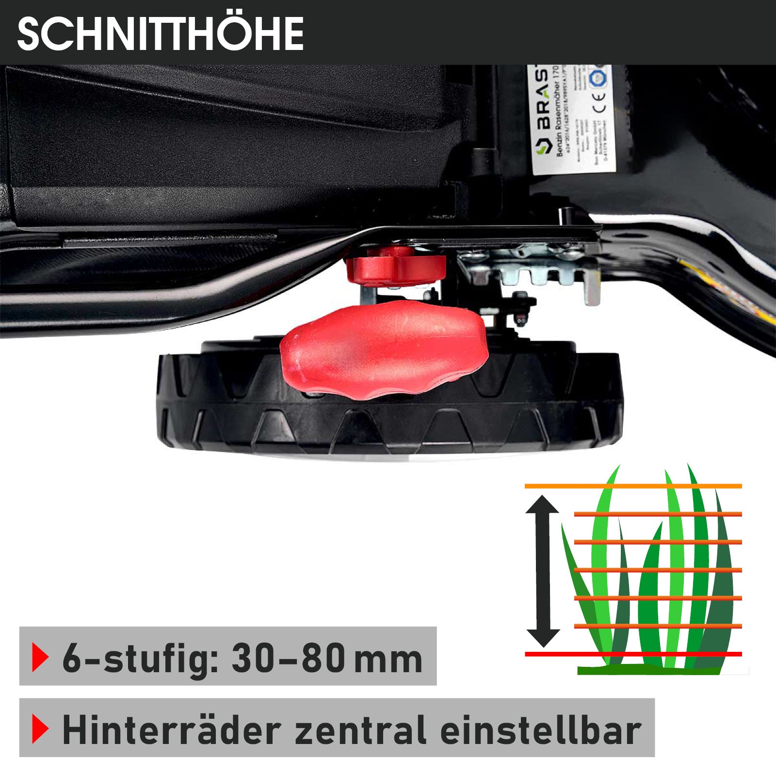 Schwarzer Rasenmäher mit rotem Höhenverstellrad und zentral einstellbaren Hinterrädern.