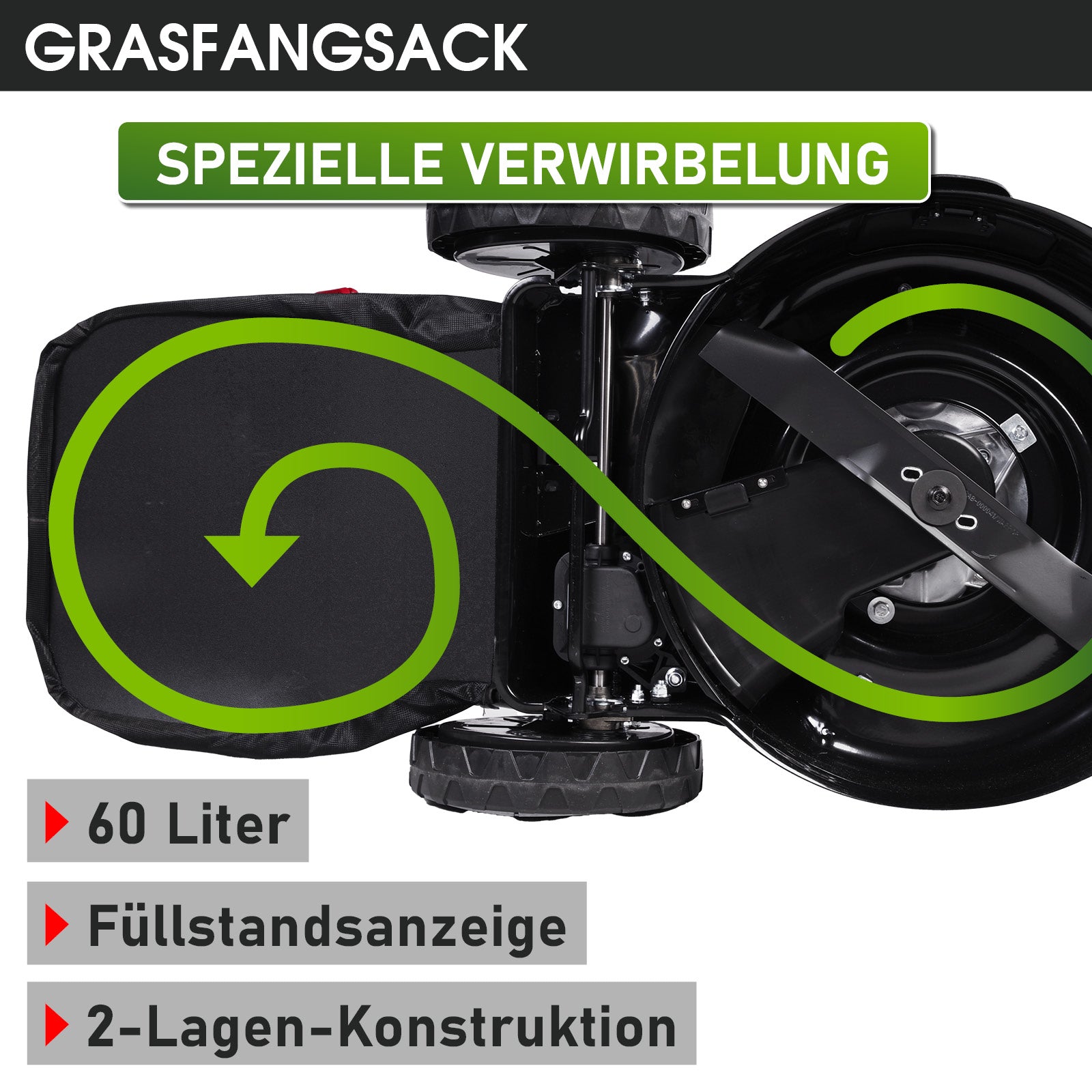 Grasfangsack mit spezieller Verwirbelung, 60 Liter Fassungsvermögen, Füllstandsanzeige, 2-lagige Konstruktion.