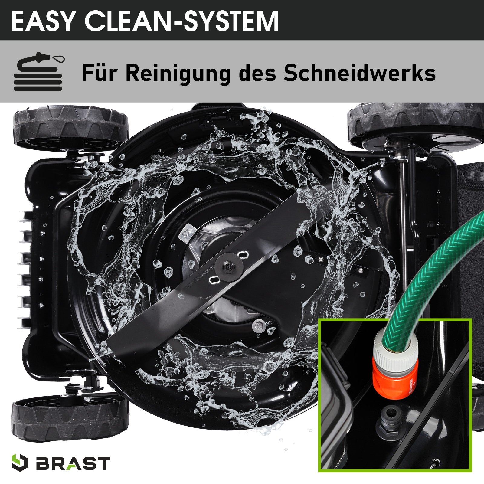 Schwarzer Benzin-Rasenmäher mit Mulchmesser, Wasserschlauchanschluss und Easy-Clean-System unten sichtbar.
