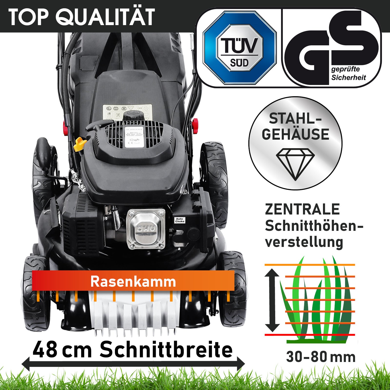 Schwarzer Benzin-Rasenmäher mit 48 cm Schnittbreite und zentraler Schnitthöhenverstellung von 30-80 mm.