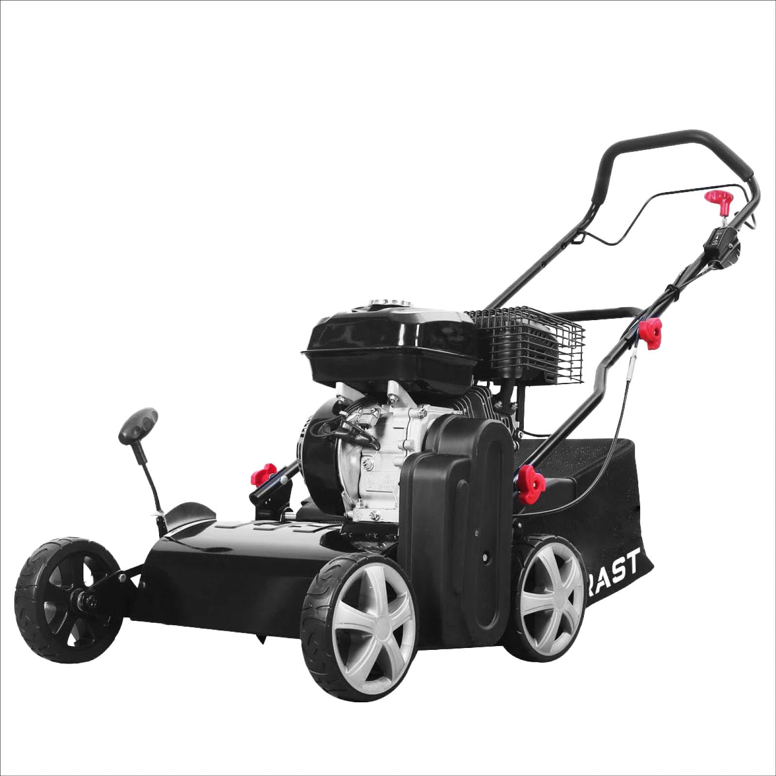 Schwarzer BRAST Benzin Rasenvertikutierer mit Radantrieb, ergonomischem Griff und robustem Motorgehäuse.