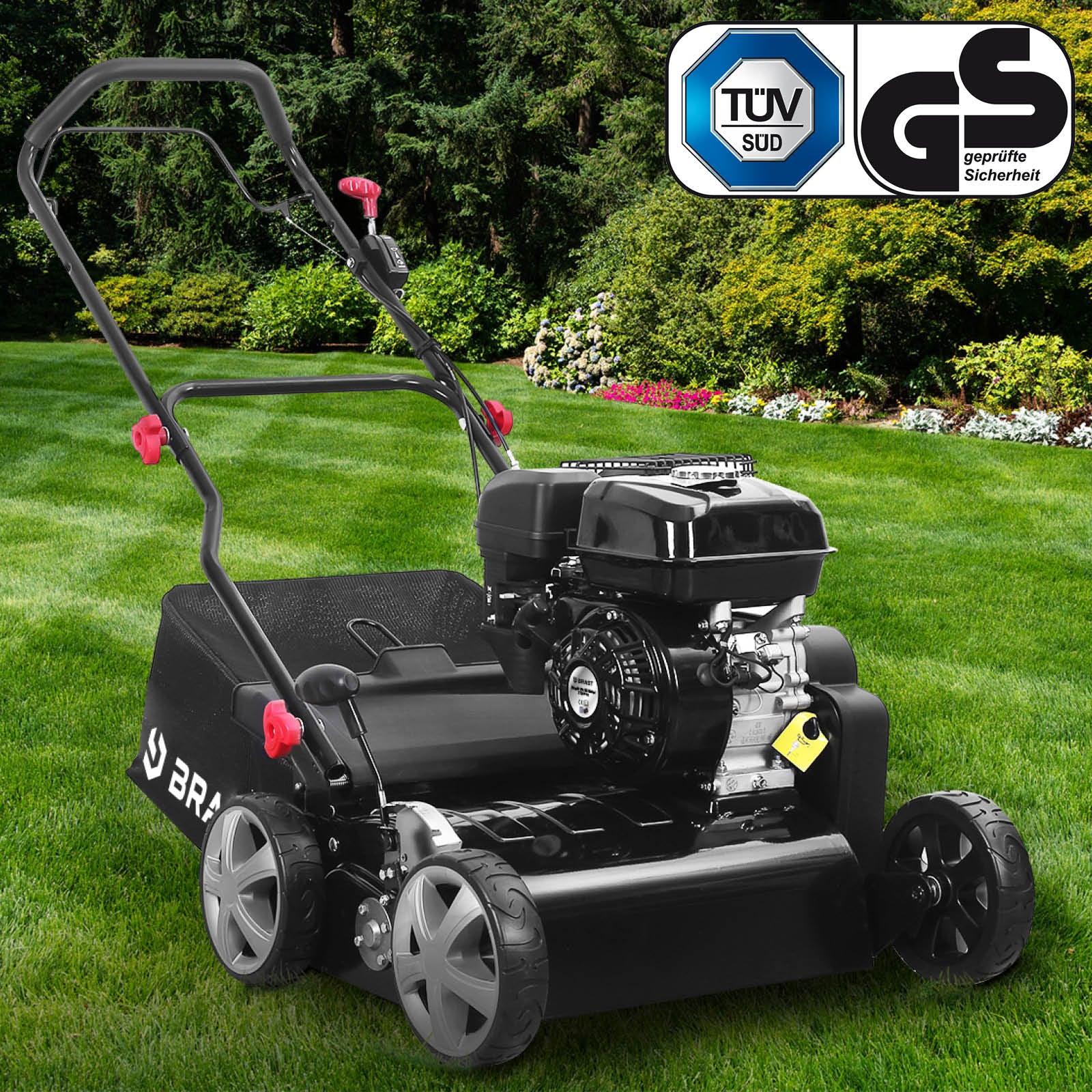Schwarzer Benzinrasenvertikutierer mit Radantrieb, großer Motor und ergonomischem Griff, Garten Vertikutierer mit robusten.
