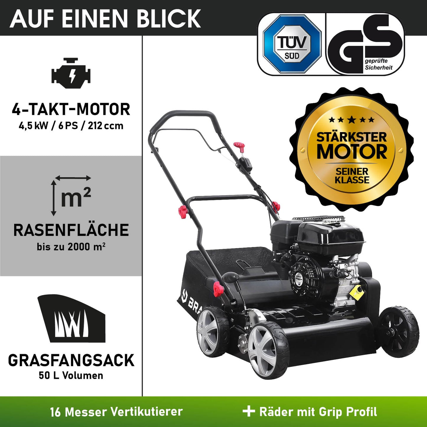 Schwarzer Benzin-Rasenvertikutierer mit Radantrieb und 50L Grasfangsack, kraftvoller 4-Takt-Motor.