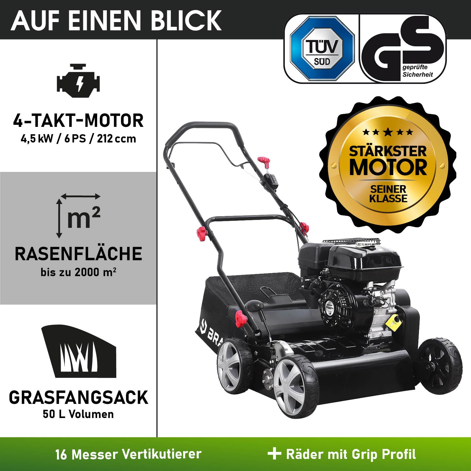 Schwarzer Benzin-Rasenvertikutierer mit Radantrieb und 50L Grasfangsack, kraftvoller 4-Takt-Motor.