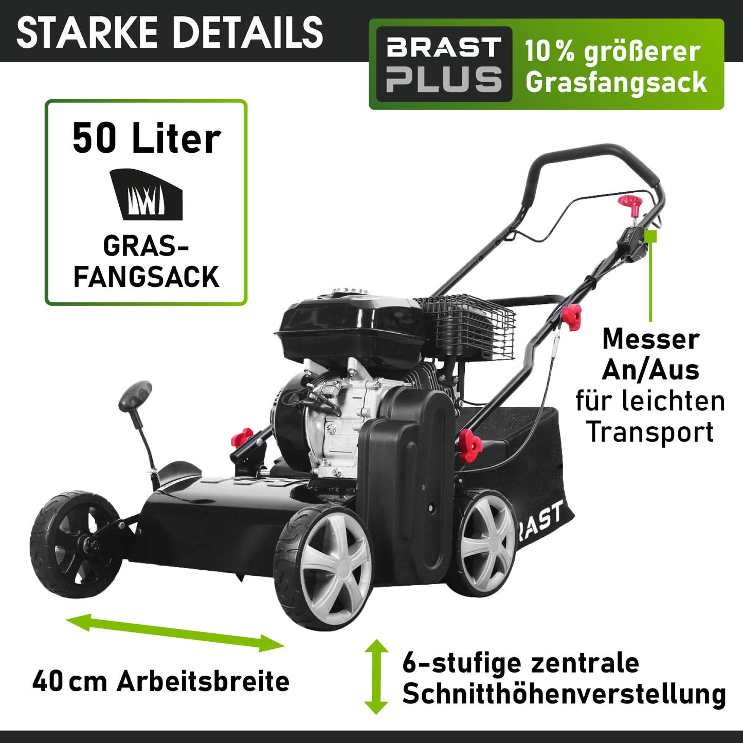 Schwarzer Benzin Rasenvertikutierer mit 40 cm Arbeitsbreite, 50 Liter Grasfangsack, Vertikutierer mit Radantrieb und.