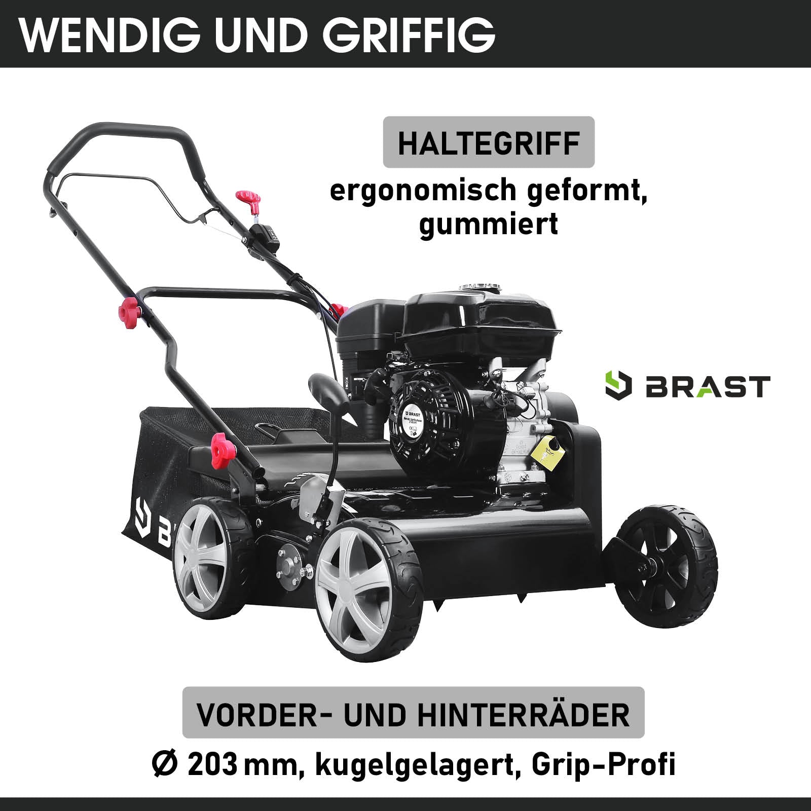 Schwarzer Benzin Rasenvertikutierer mit Radantrieb, ergonomischem gummiertem Haltegriff und großen Metallrädern, Garten.